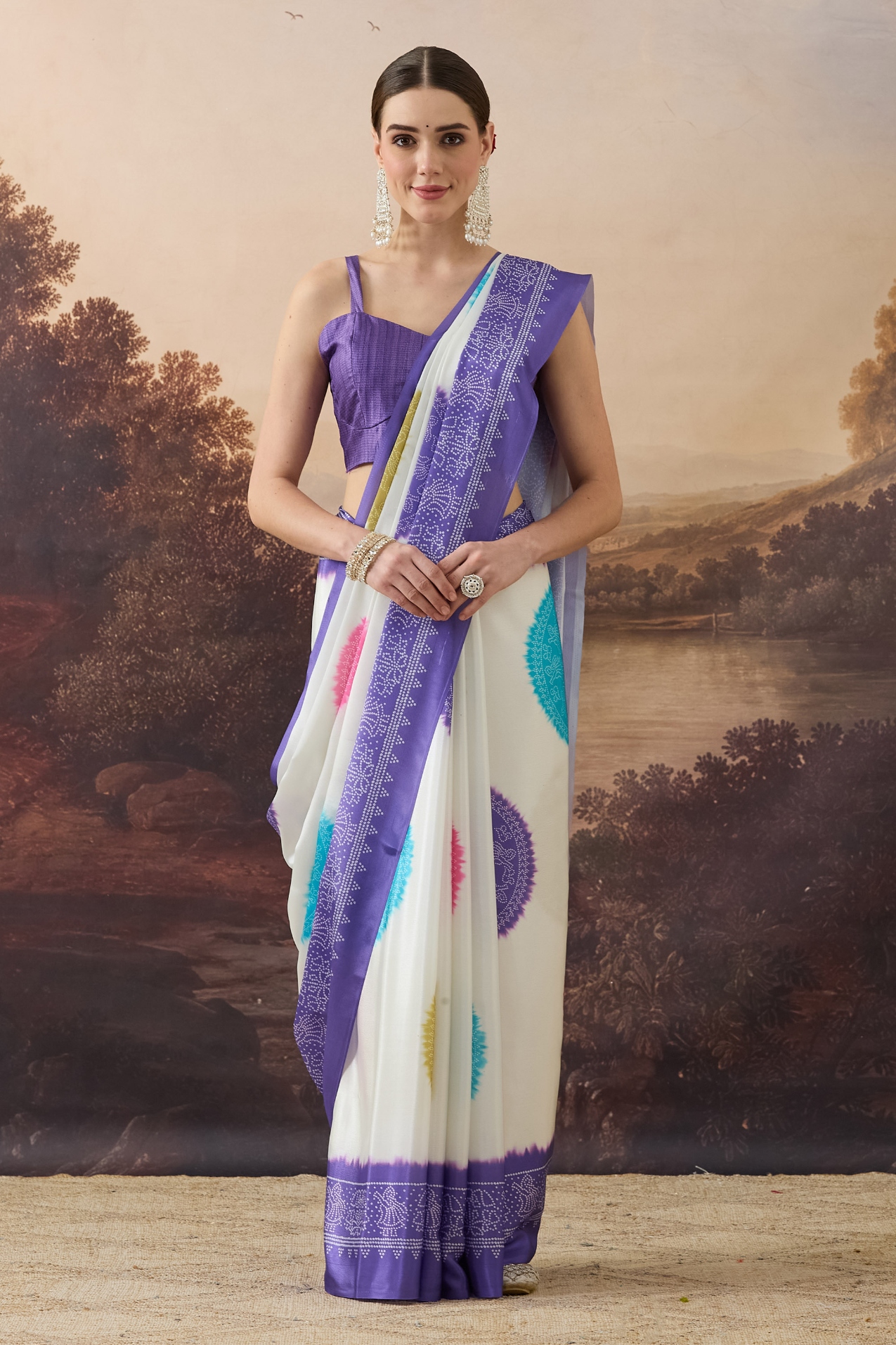 Lavender Bandhani Satin Sleeveless Ready To Wear Saree