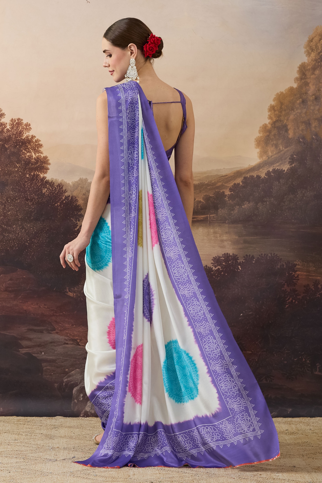 Lavender Bandhani Satin Sleeveless Ready To Wear Saree — alternate view