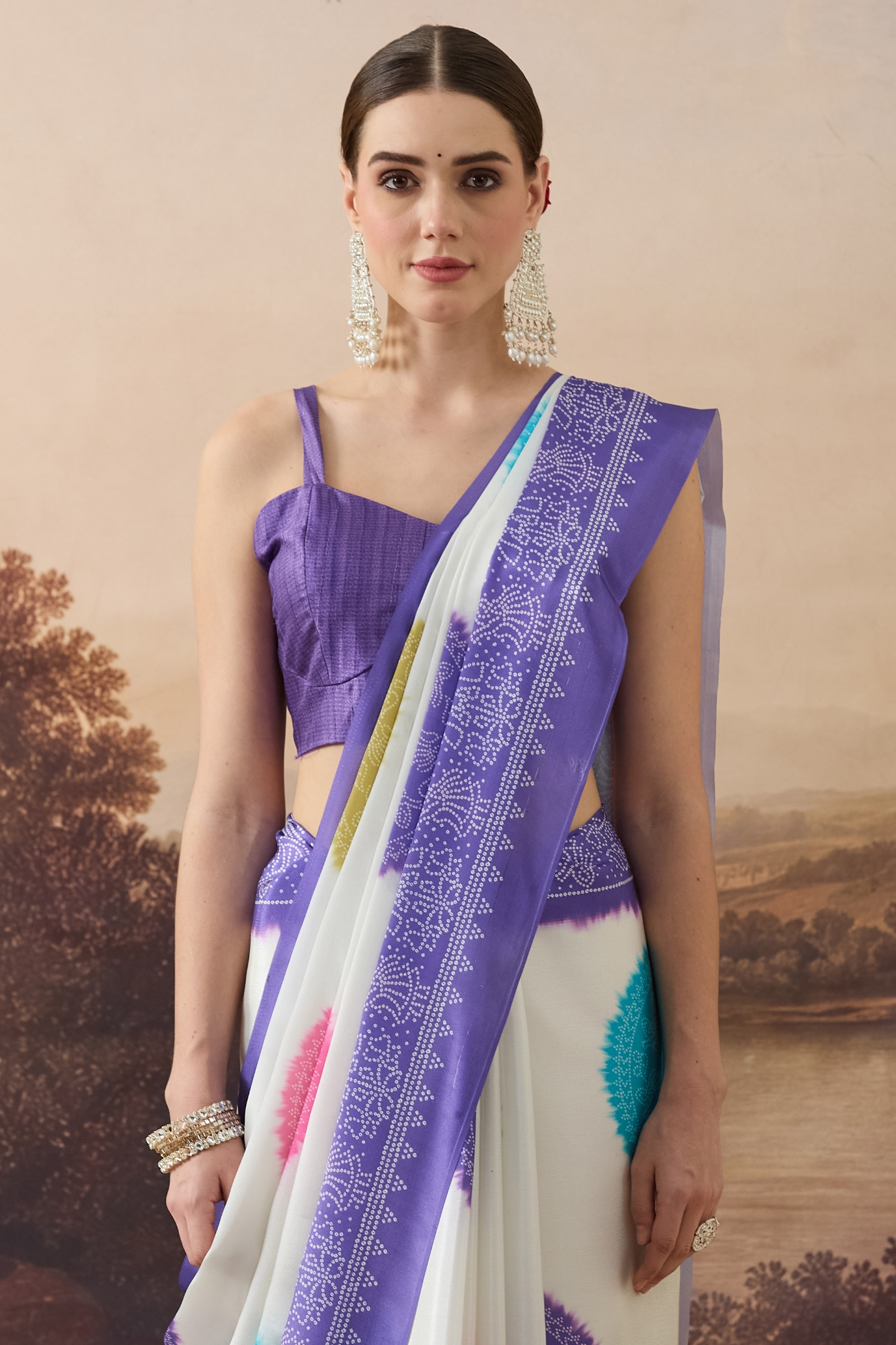 Lavender Bandhani Satin Sleeveless Ready To Wear Saree