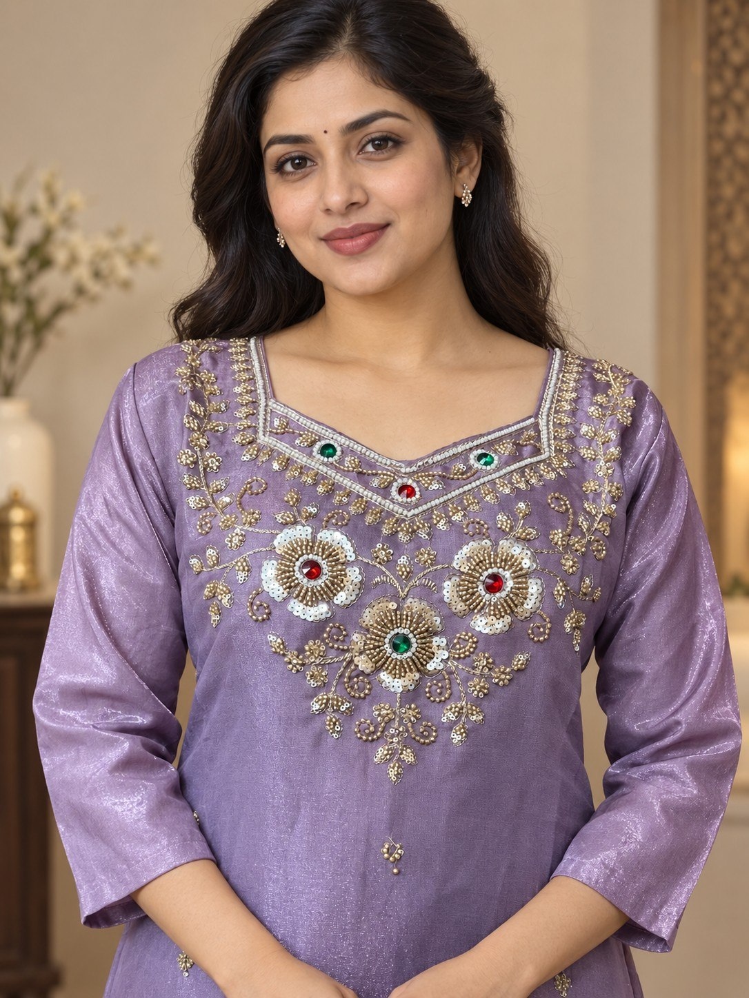 Lavender Beaded Glass Silk Palazzo Suit — alternate view