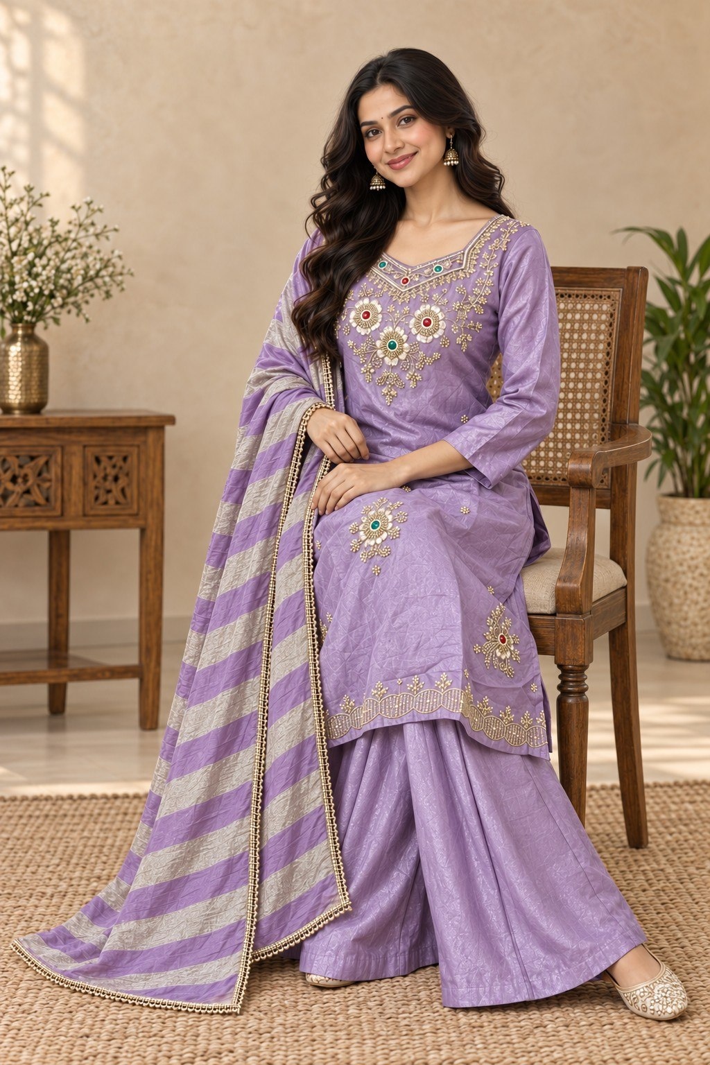 Lavender Beaded Glass Silk Palazzo Suit