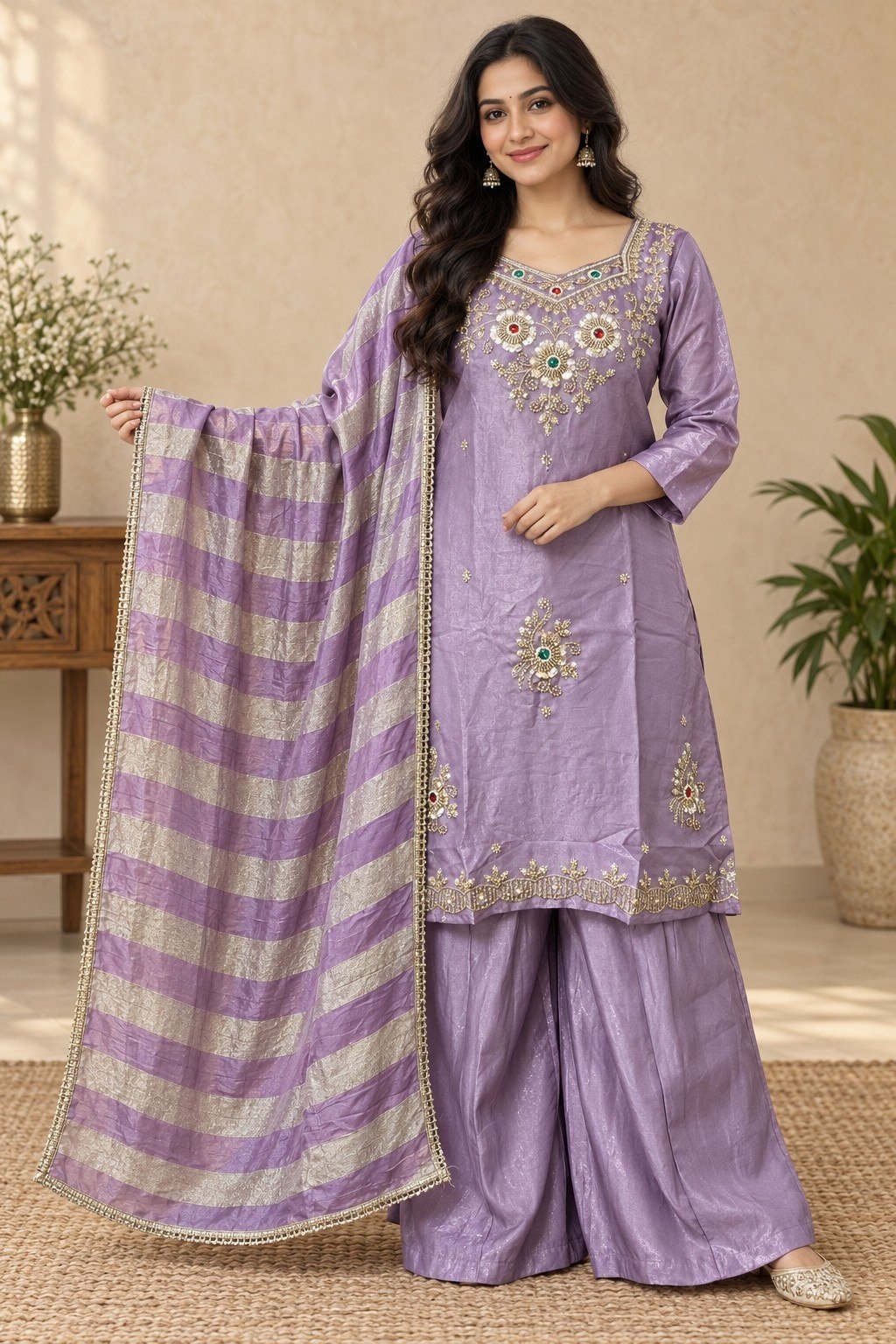 Lavender Beaded Glass Silk Palazzo Suit