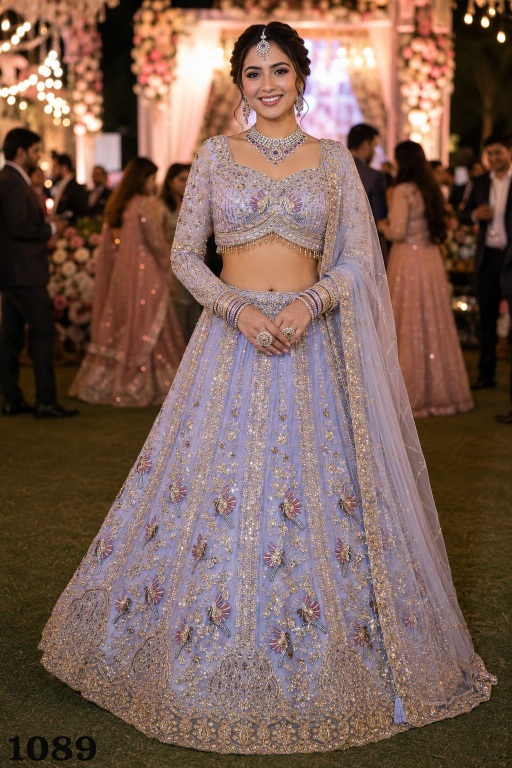 Lavender Beads Embroidered Net Lehenga Choli