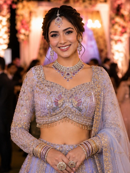 Lavender Beads Embroidered Net Lehenga Choli — alternate view