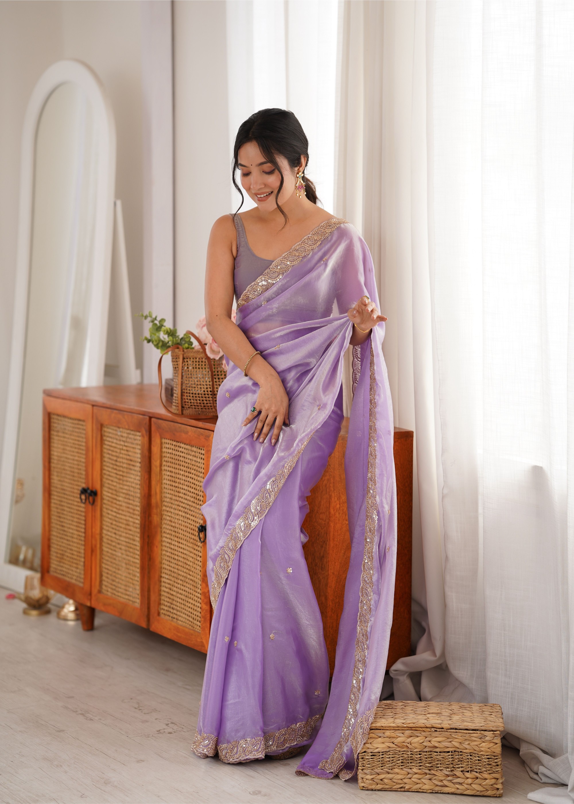 Lavender Beads Pearl Fendy Satin Saree