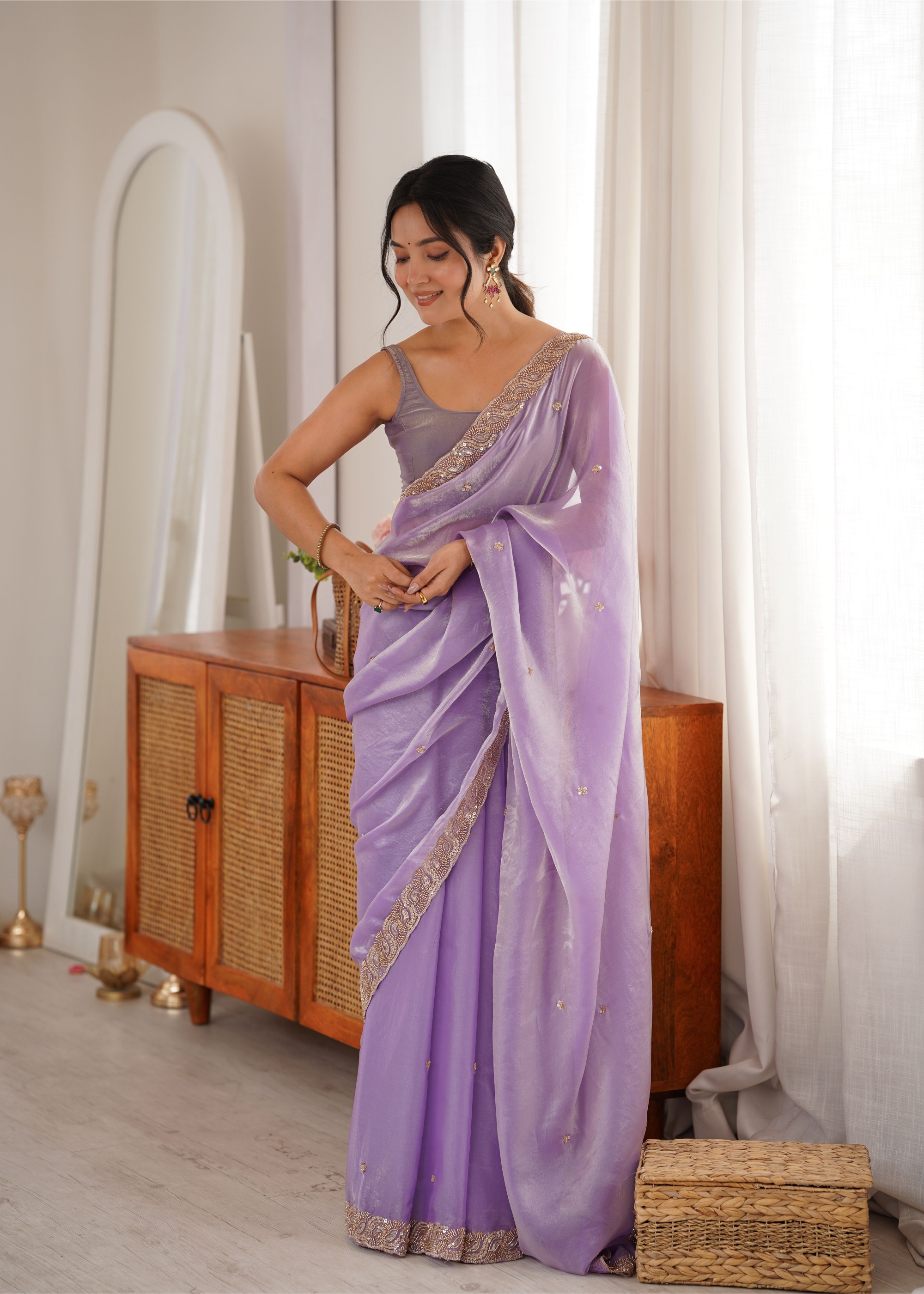 Lavender Beads Pearl Fendy Satin Saree — alternate view