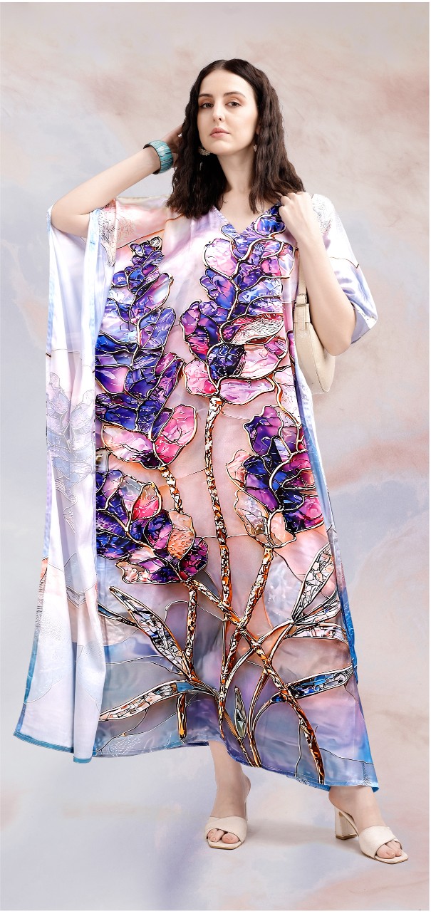 Lavender Bloom Digital Printed Poly Japan Satin Kaftan