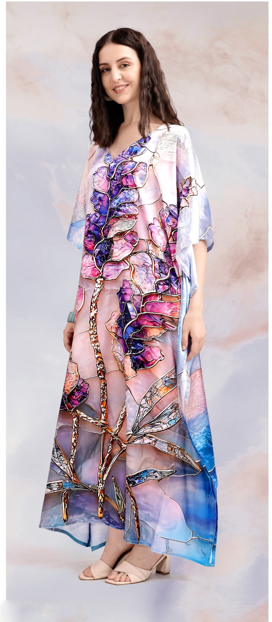 Lavender Bloom Digital Printed Poly Japan Satin Kaftan