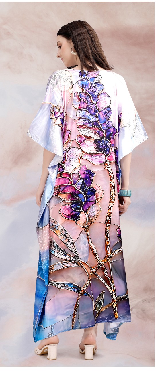 Lavender Bloom Digital Printed Poly Japan Satin Kaftan