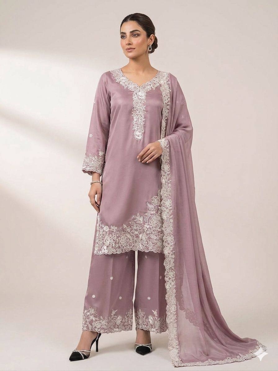 Lavender Border Sequins French Crepe Palazzo Suit