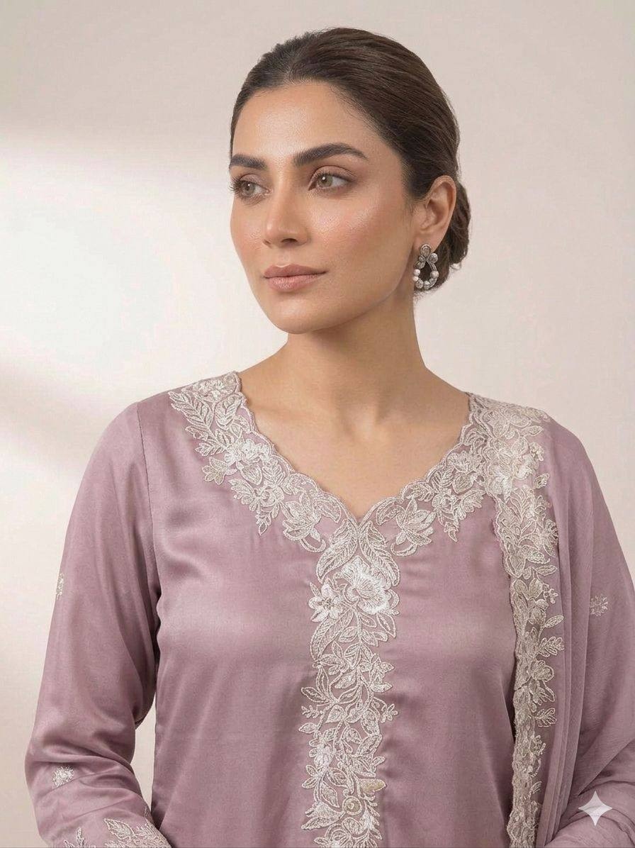 Lavender Border Sequins French Crepe Palazzo Suit — alternate view