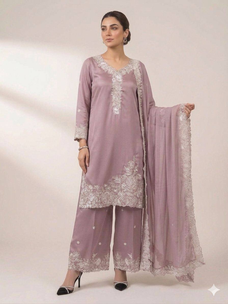 Lavender Border Sequins French Crepe Palazzo Suit