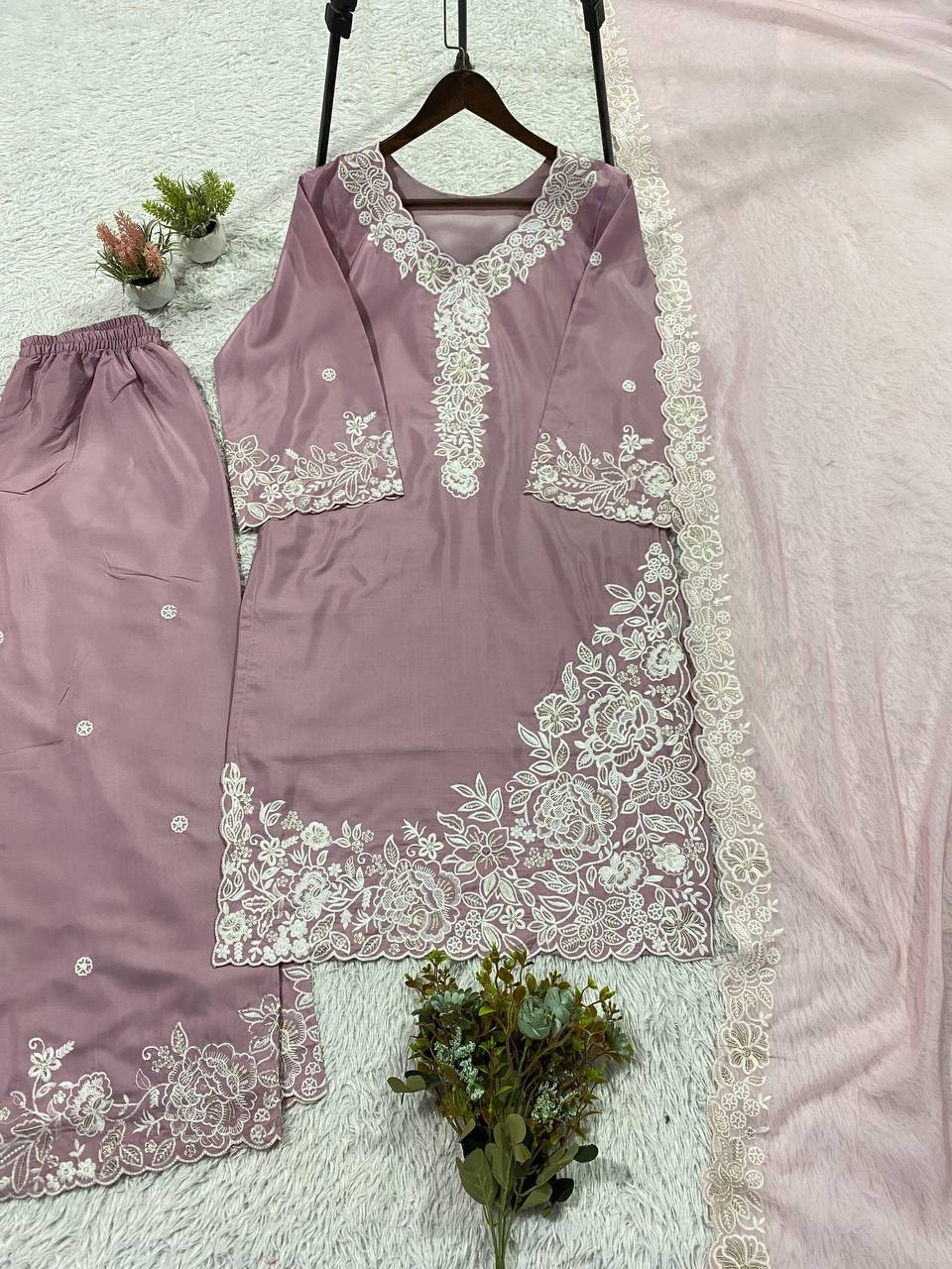 Lavender Border Sequins French Crepe Palazzo Suit