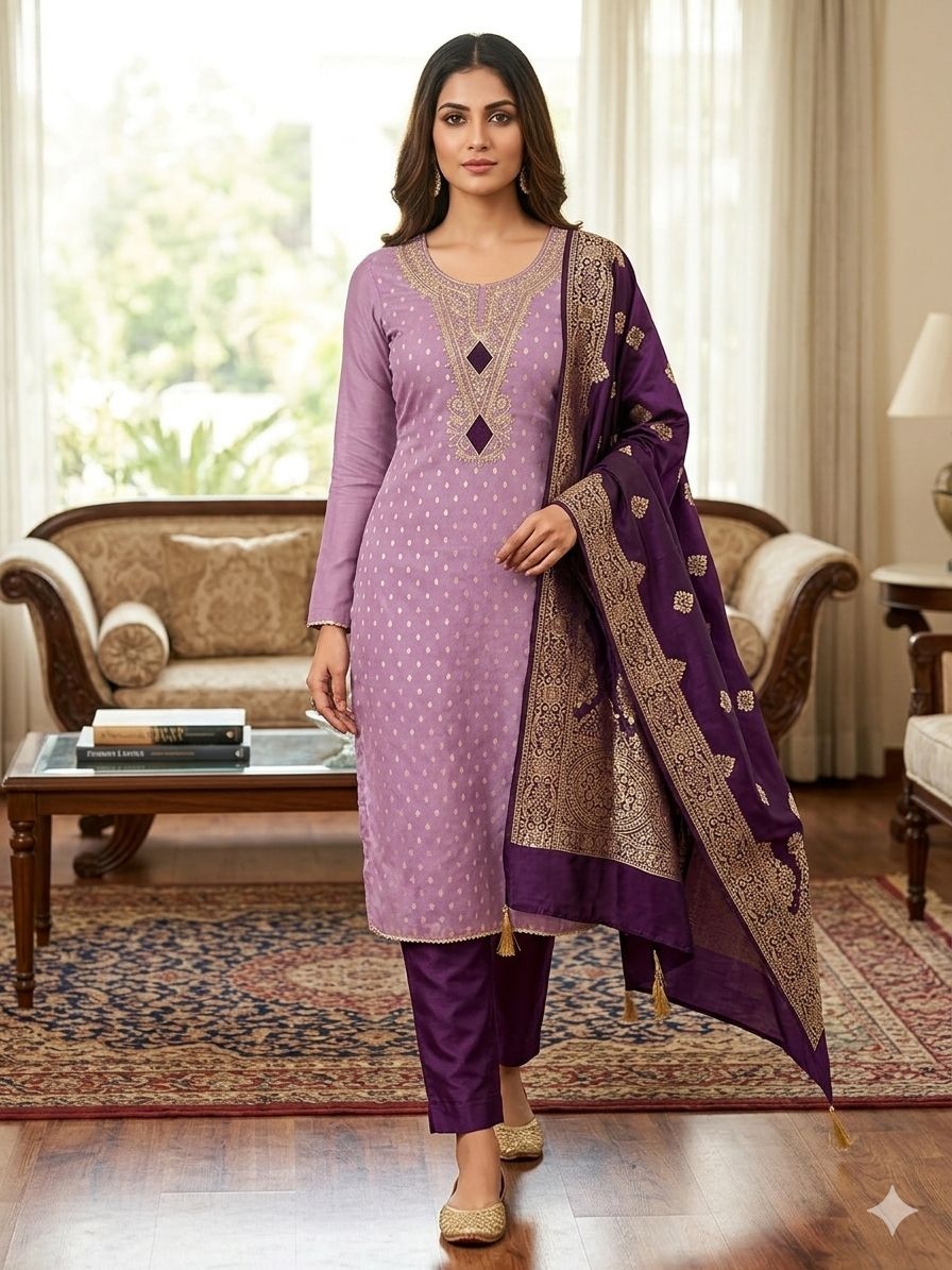 Lavender Butti Woven Shimmer Salwar Suit