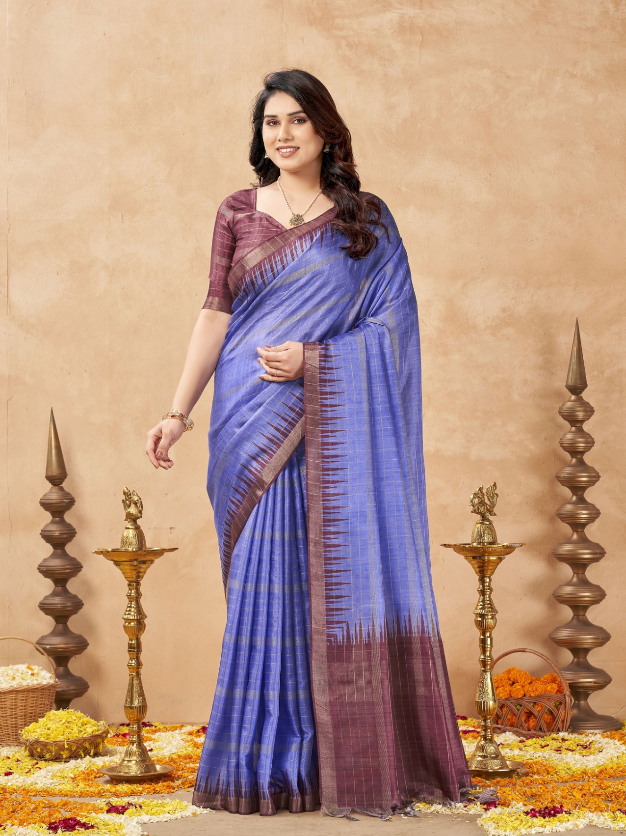 Lavender Checked Weaving Zari Tussar Silk Saree