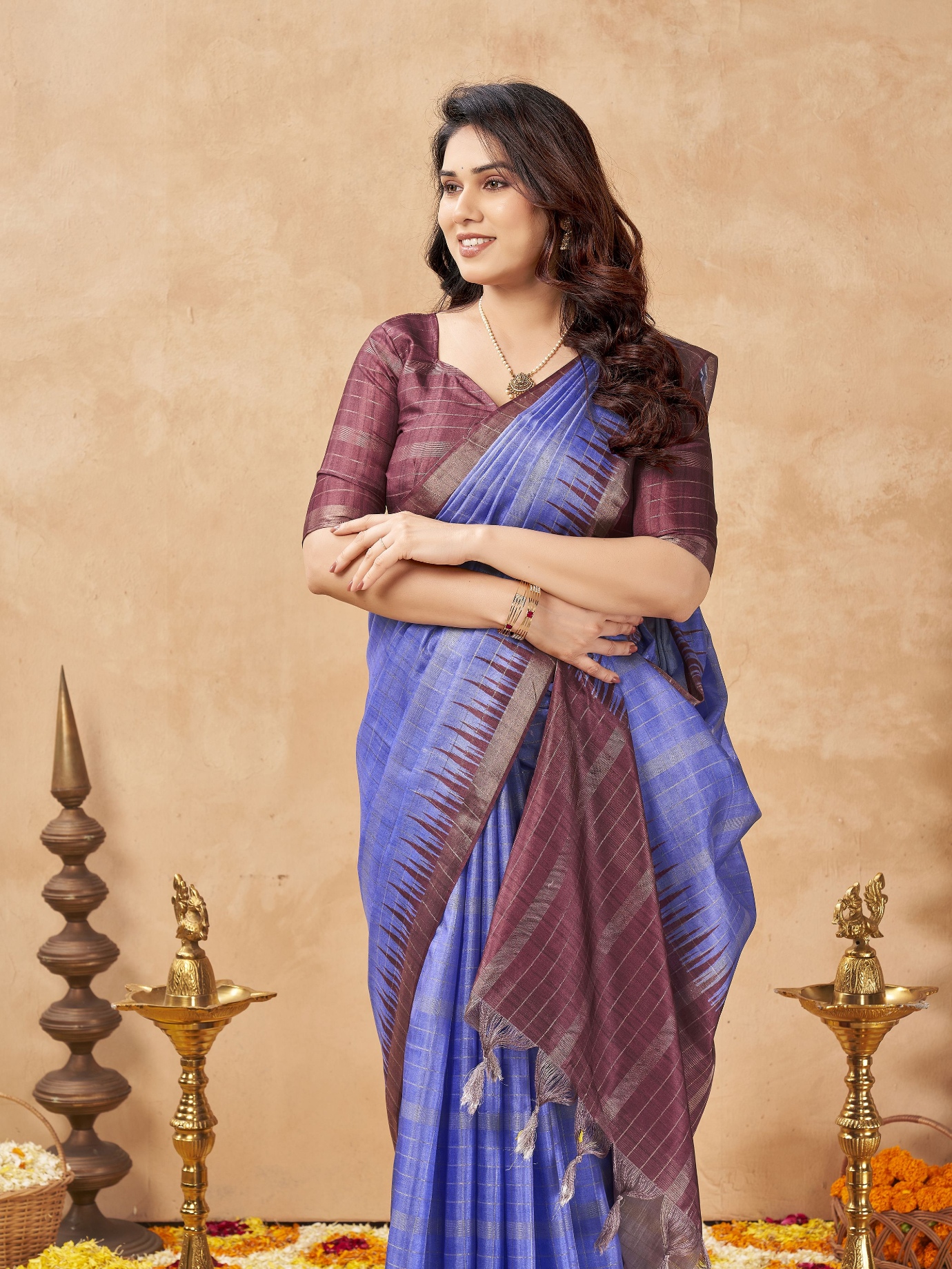 Lavender Checked Weaving Zari Tussar Silk Saree