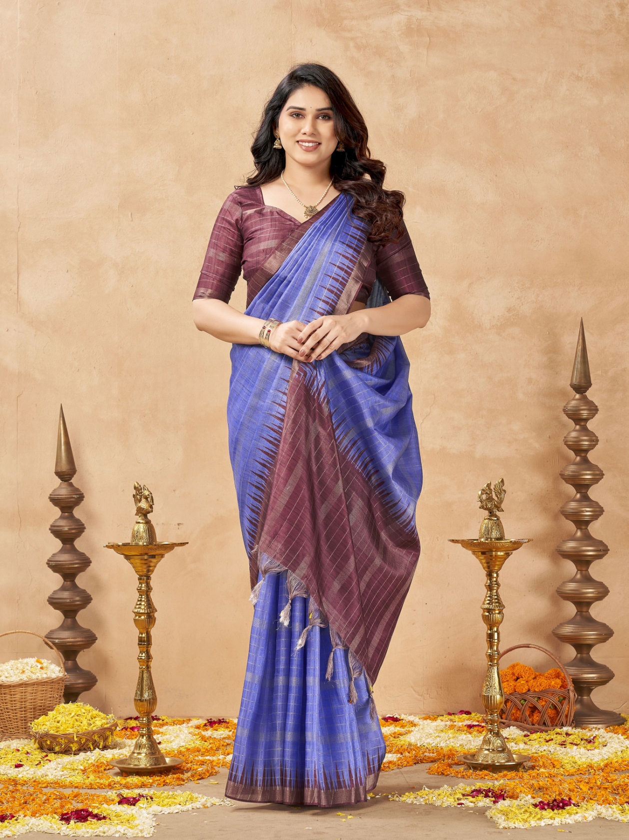 Lavender Checked Weaving Zari Tussar Silk Saree