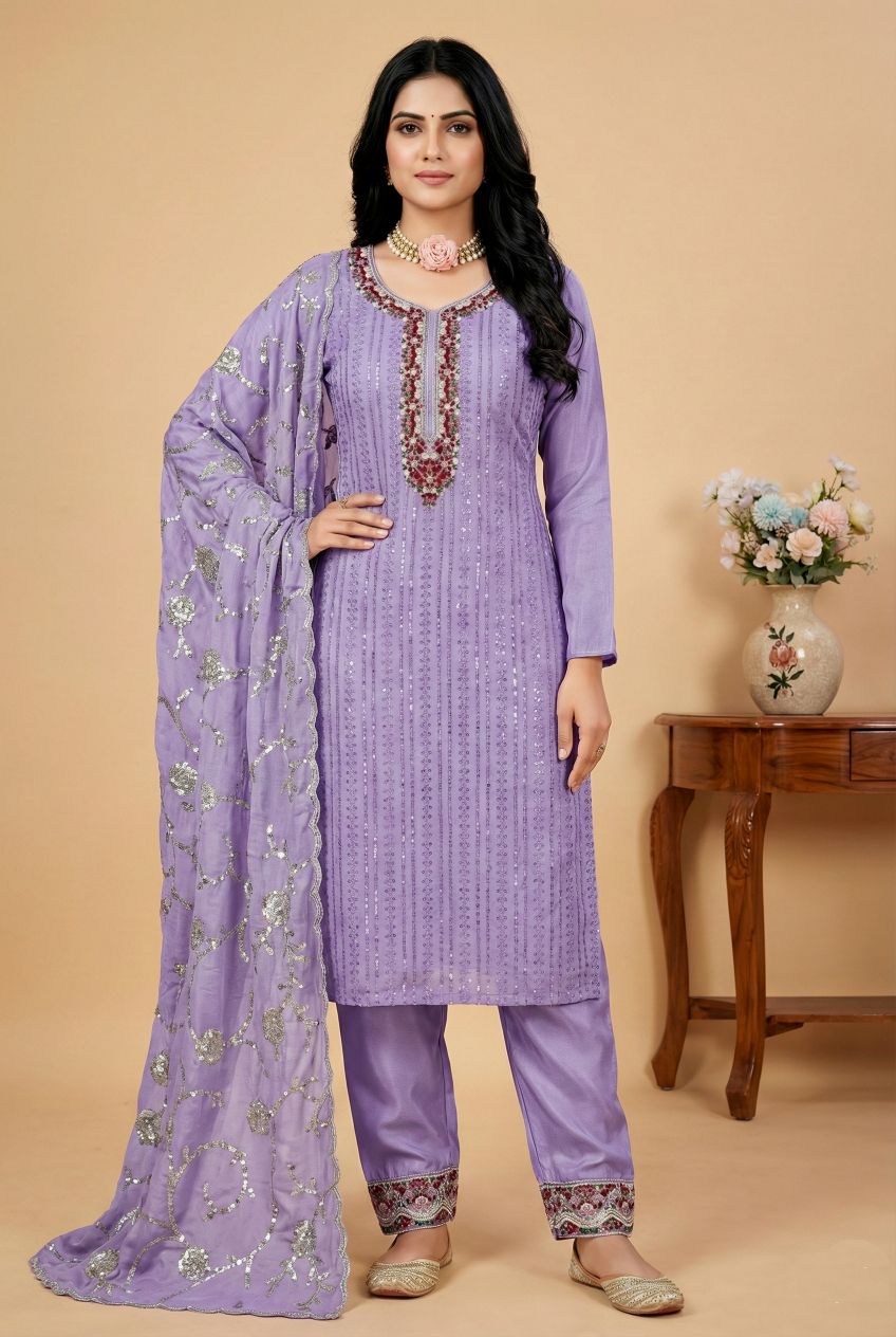 Lavender Chinon Silk Sequins Thread Suit