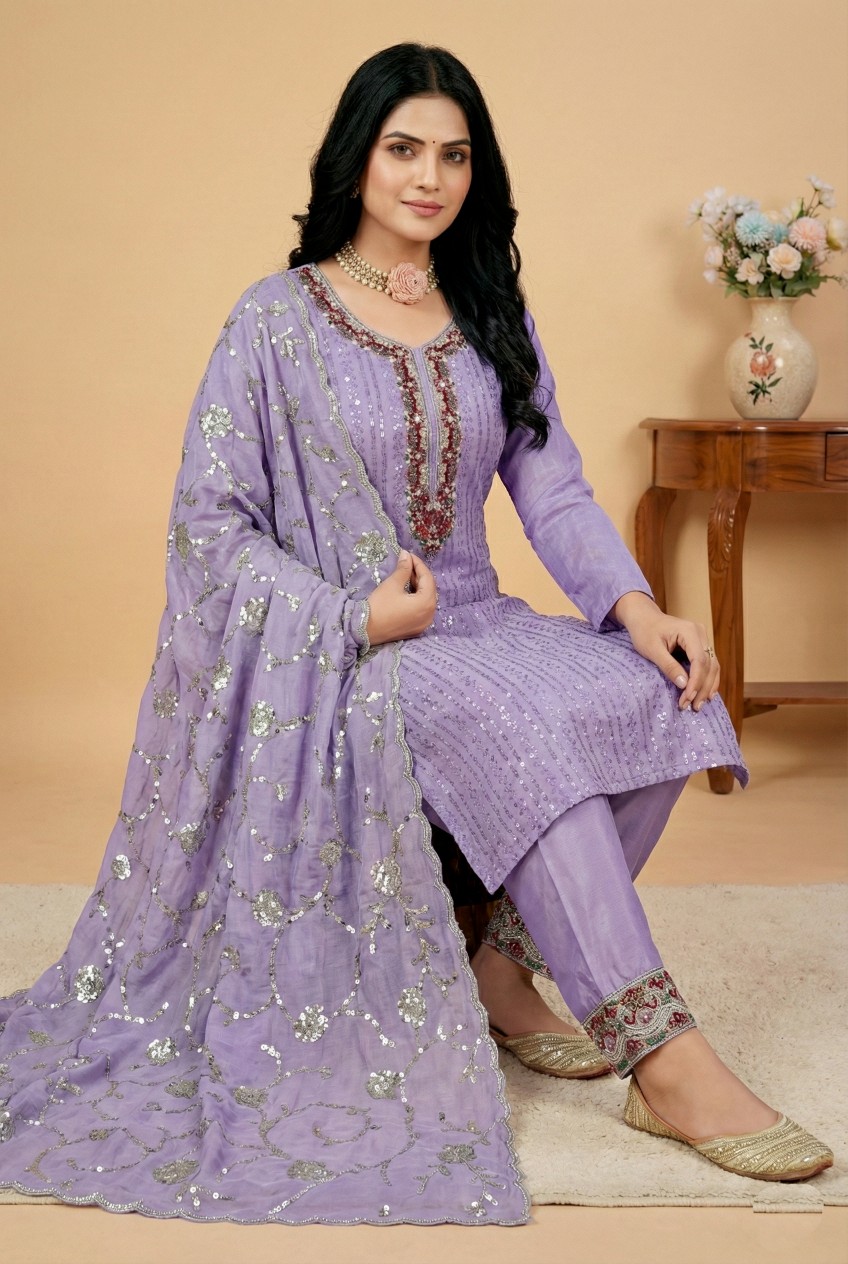 Lavender Chinon Silk Sequins Thread Suit — alternate view