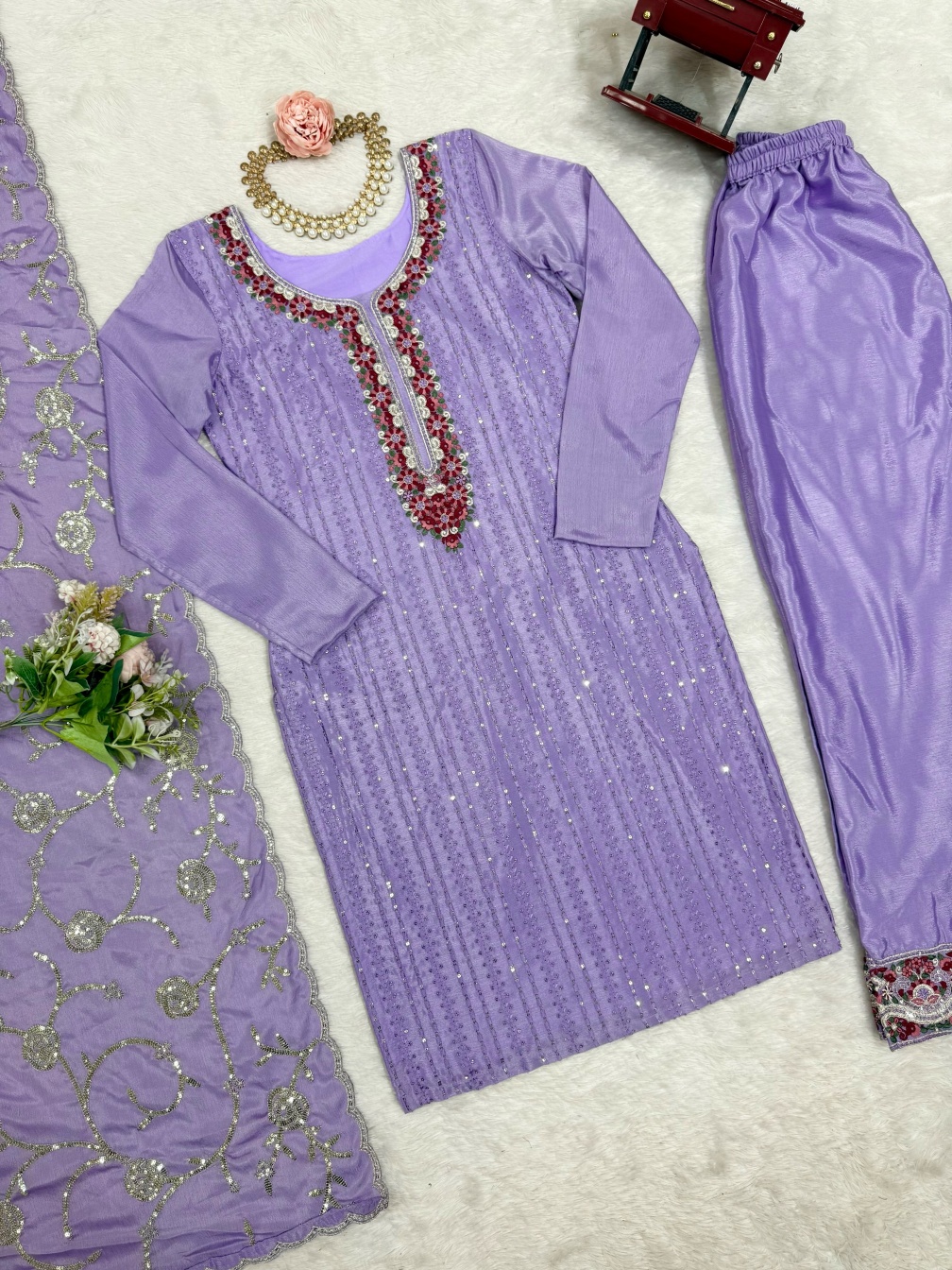 Lavender Chinon Silk Sequins Thread Suit