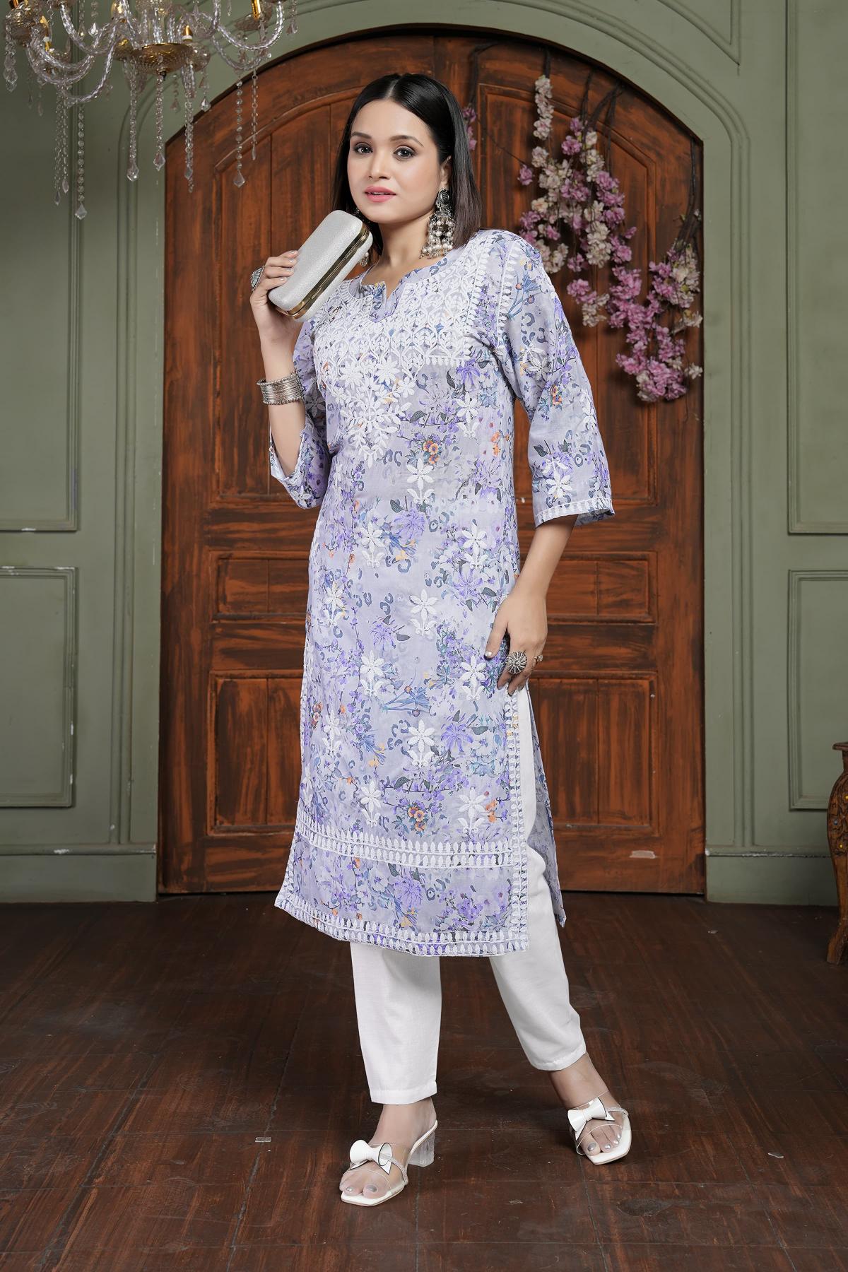 Lavender Cotton Printed Embroidery Kurti
