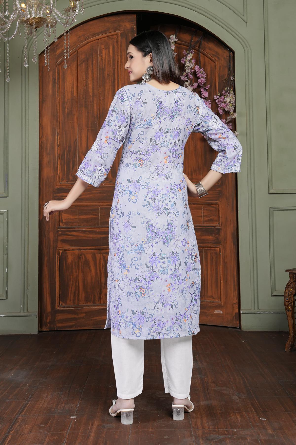 Lavender Cotton Printed Embroidery Kurti