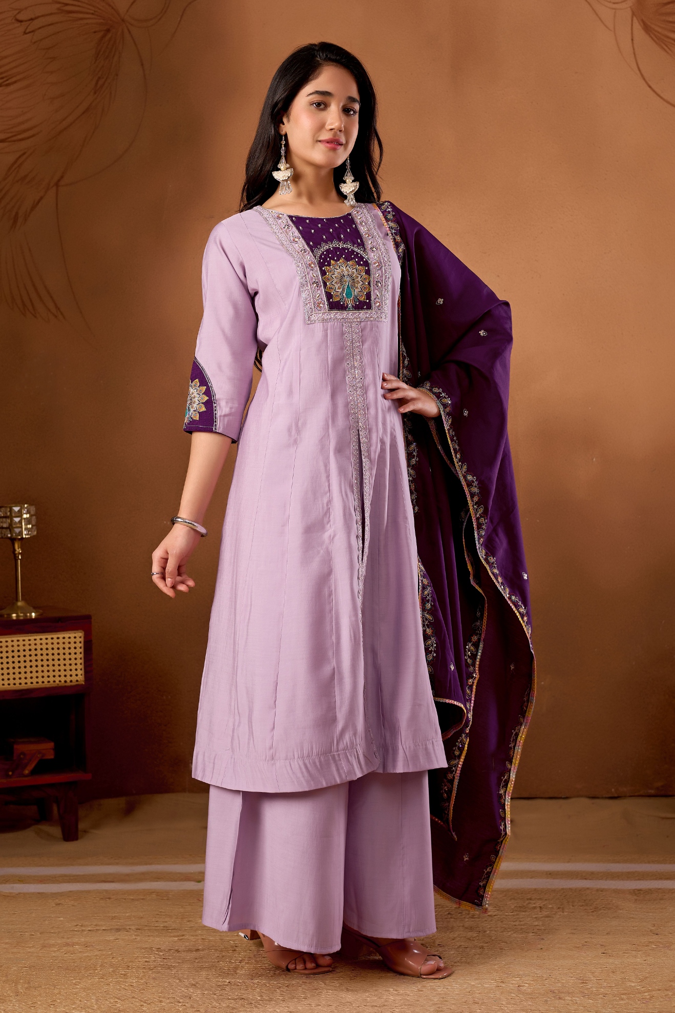 Lavender Designer Embroidered Roman Silk Palazzo Suit