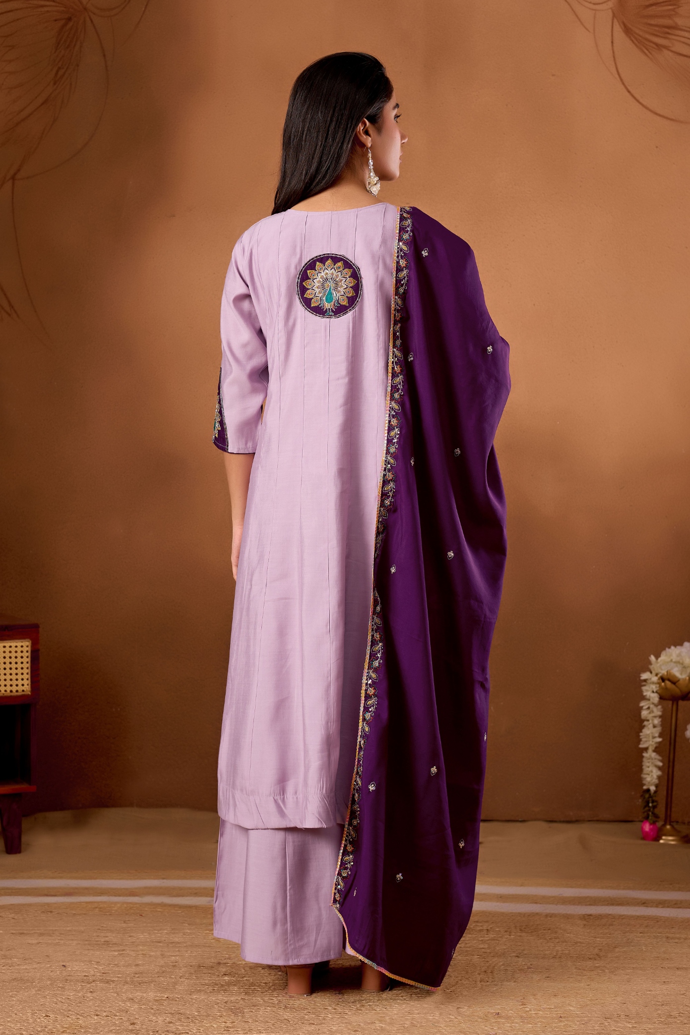 Lavender Designer Embroidered Roman Silk Palazzo Suit — alternate view