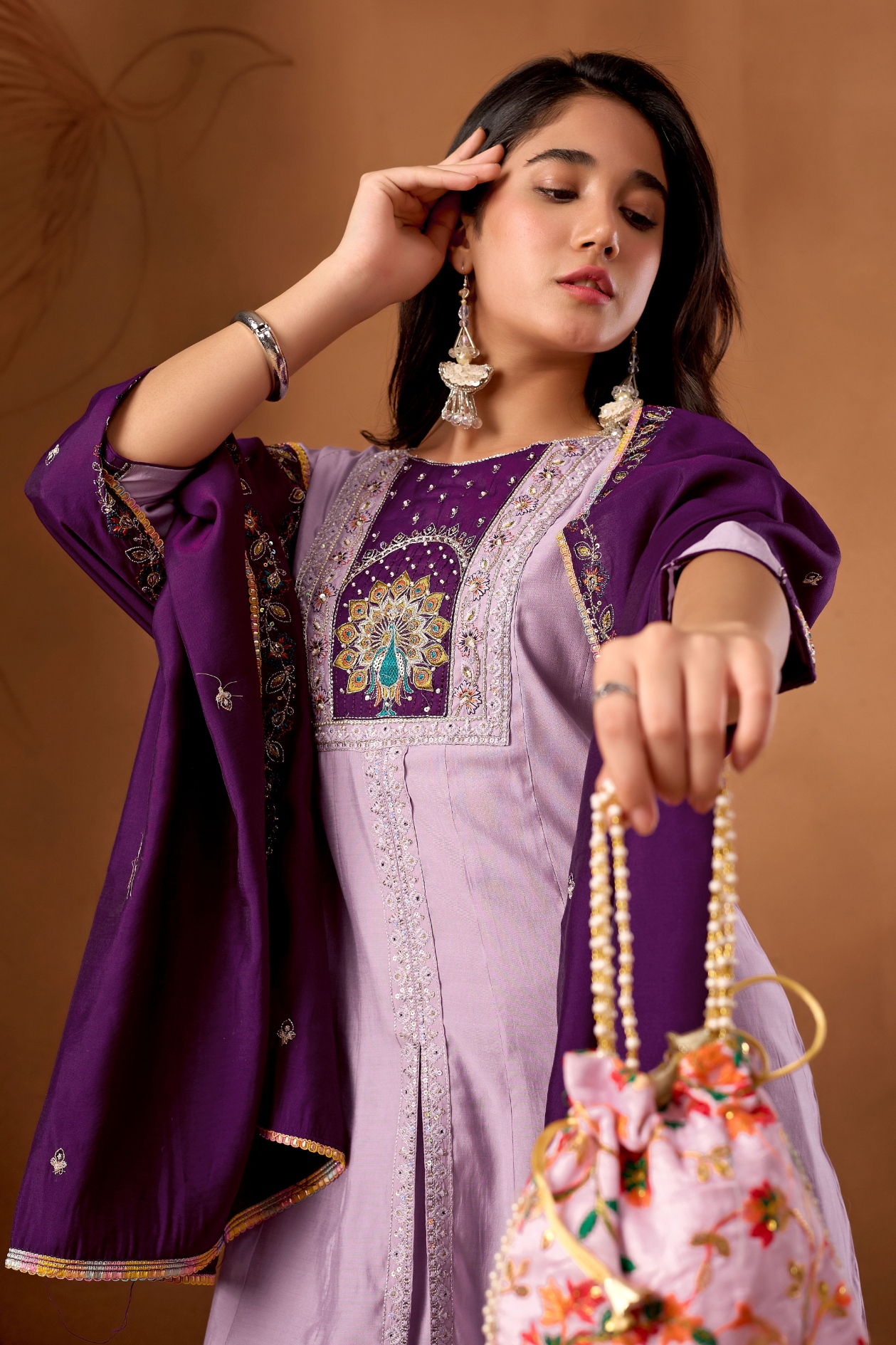 Lavender Designer Embroidered Roman Silk Palazzo Suit