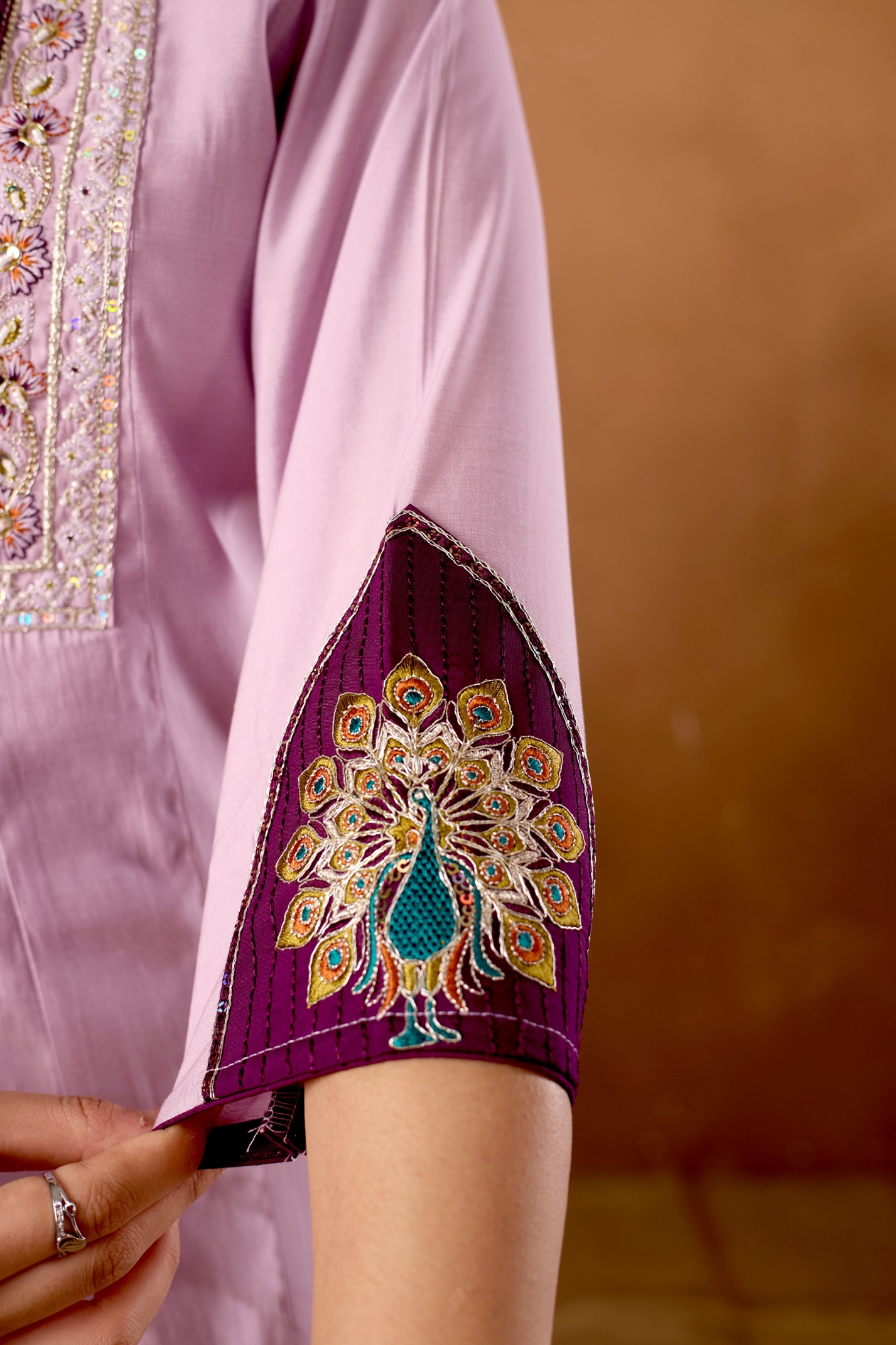 Lavender Designer Embroidered Roman Silk Palazzo Suit