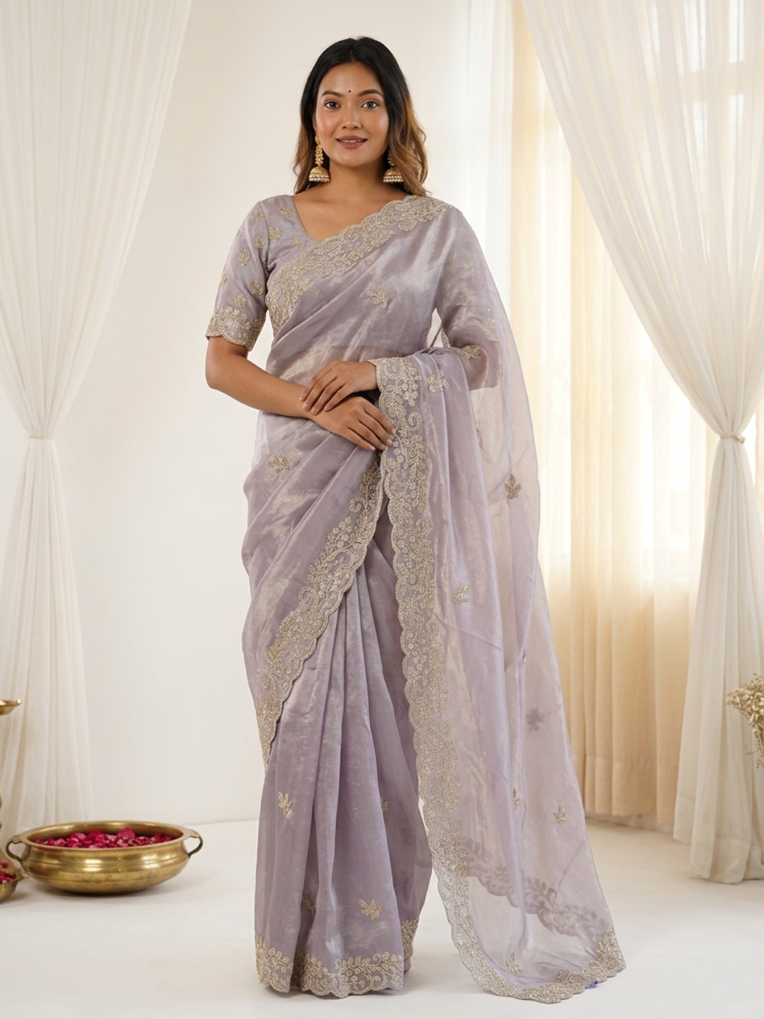 Lavender Designer Embroidery Fendy Satin Saree