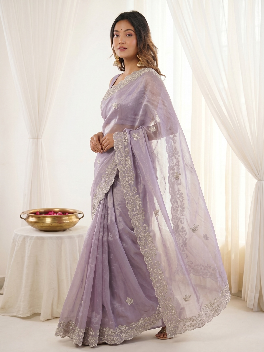 Lavender Designer Embroidery Fendy Satin Saree — alternate view