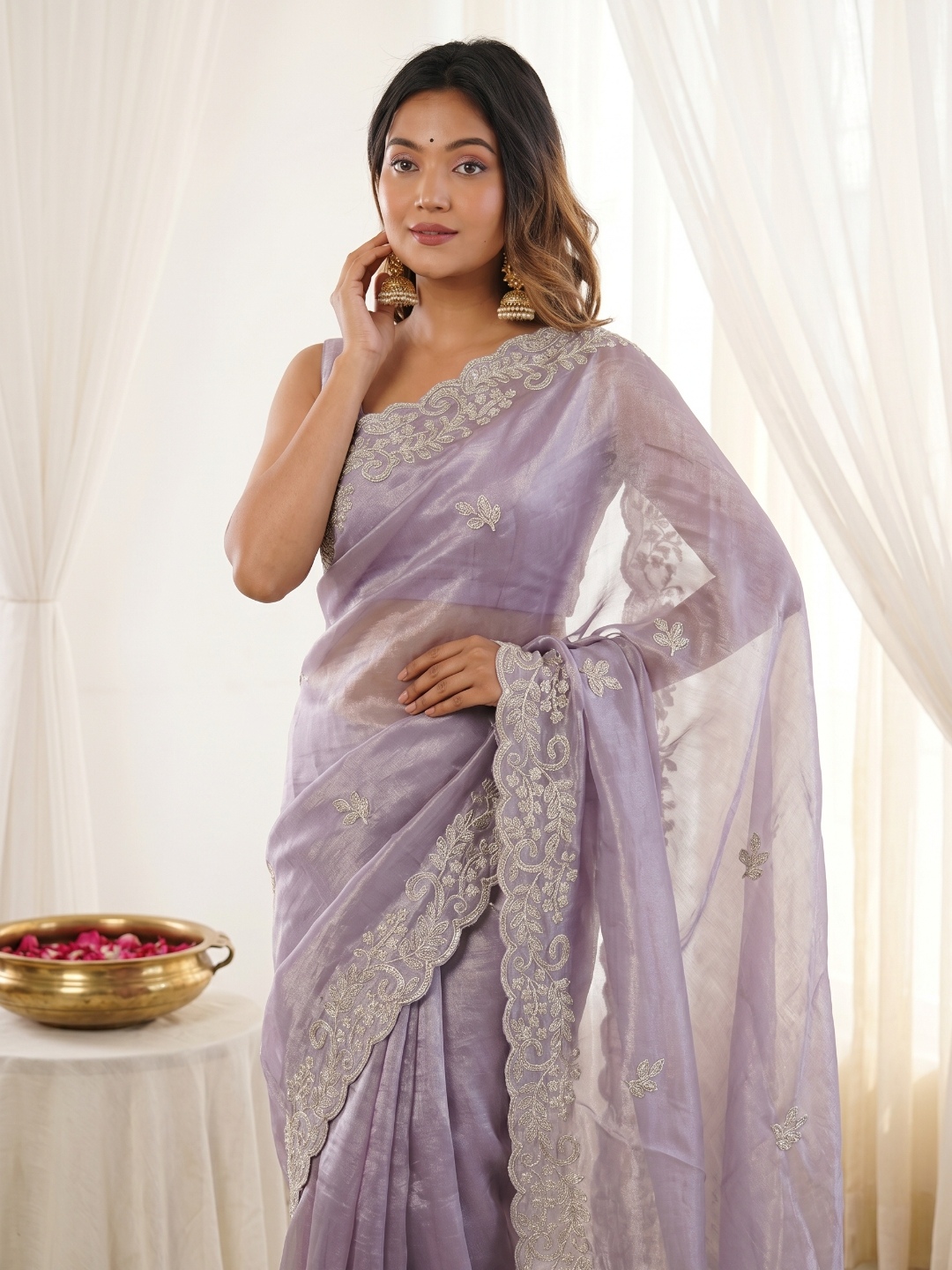 Lavender Designer Embroidery Fendy Satin Saree