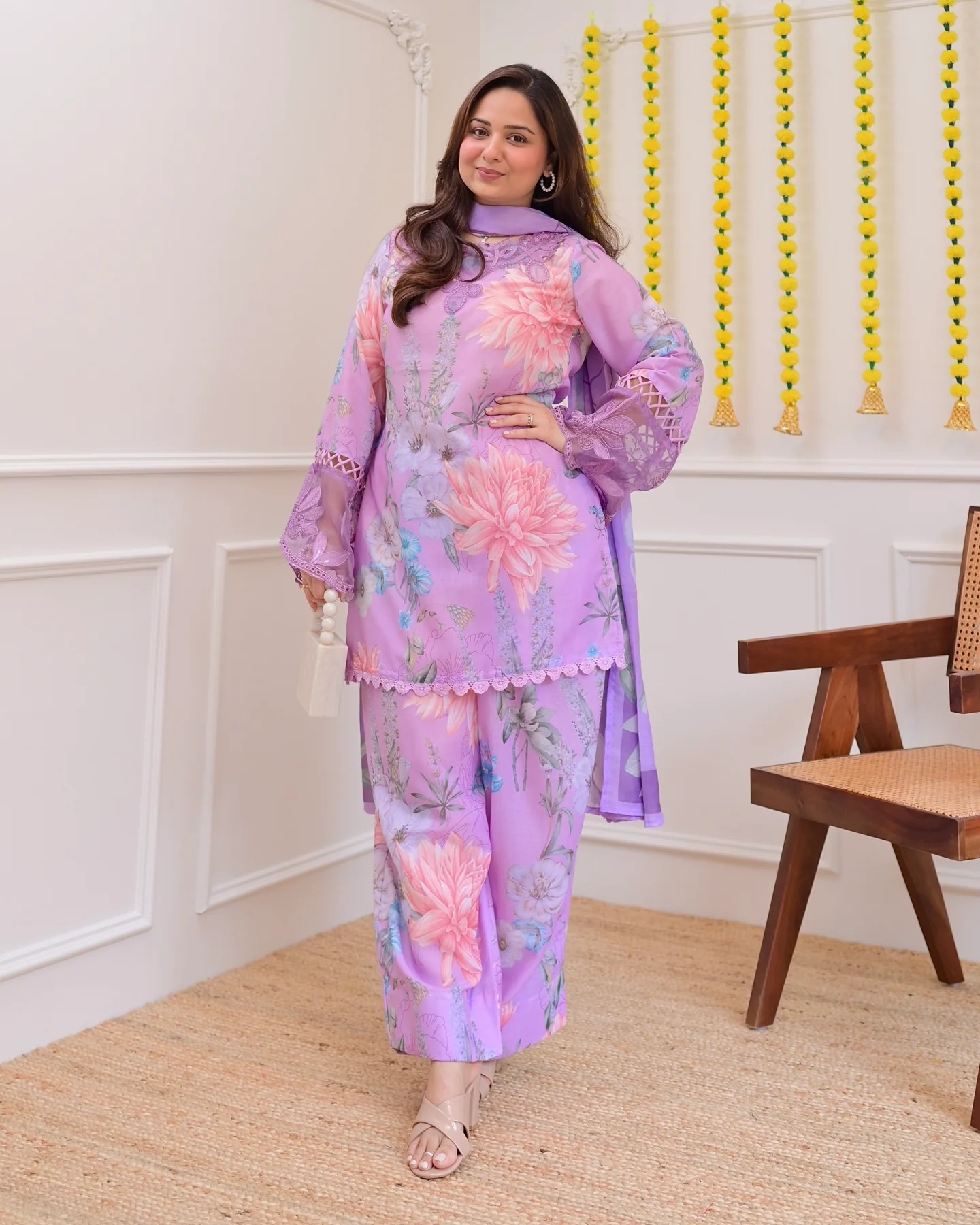 Lavender Designer Embroidery Georgette Palazzo Suit