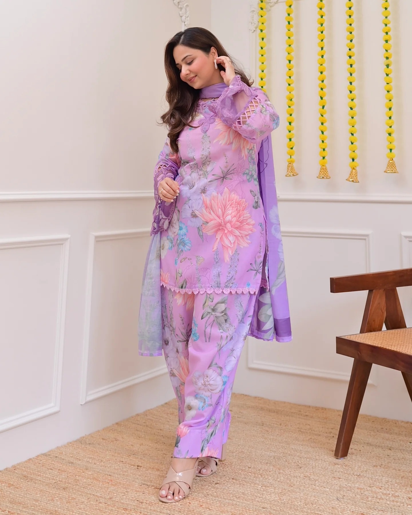 Lavender Designer Embroidery Georgette Palazzo Suit — alternate view