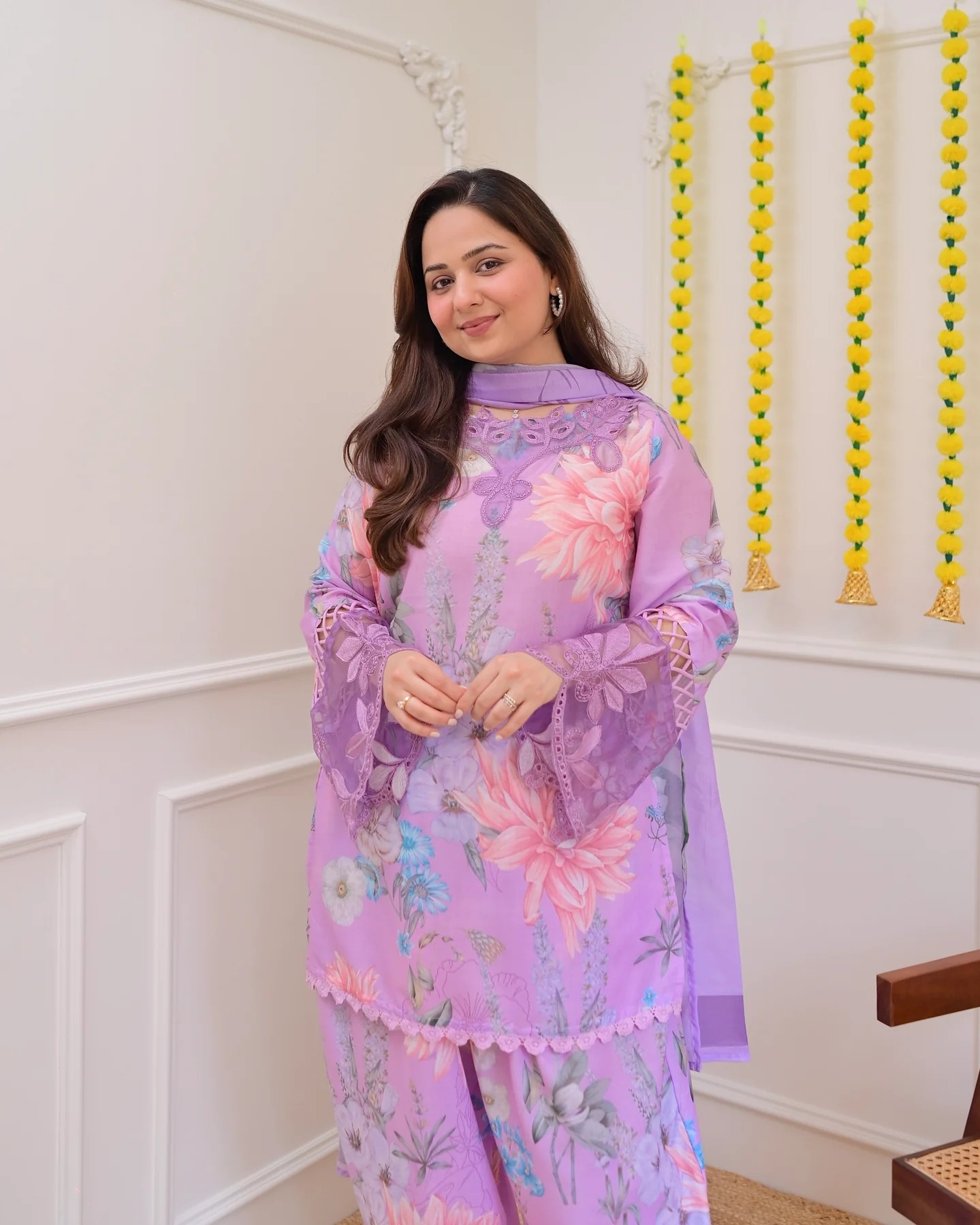Lavender Designer Embroidery Georgette Palazzo Suit