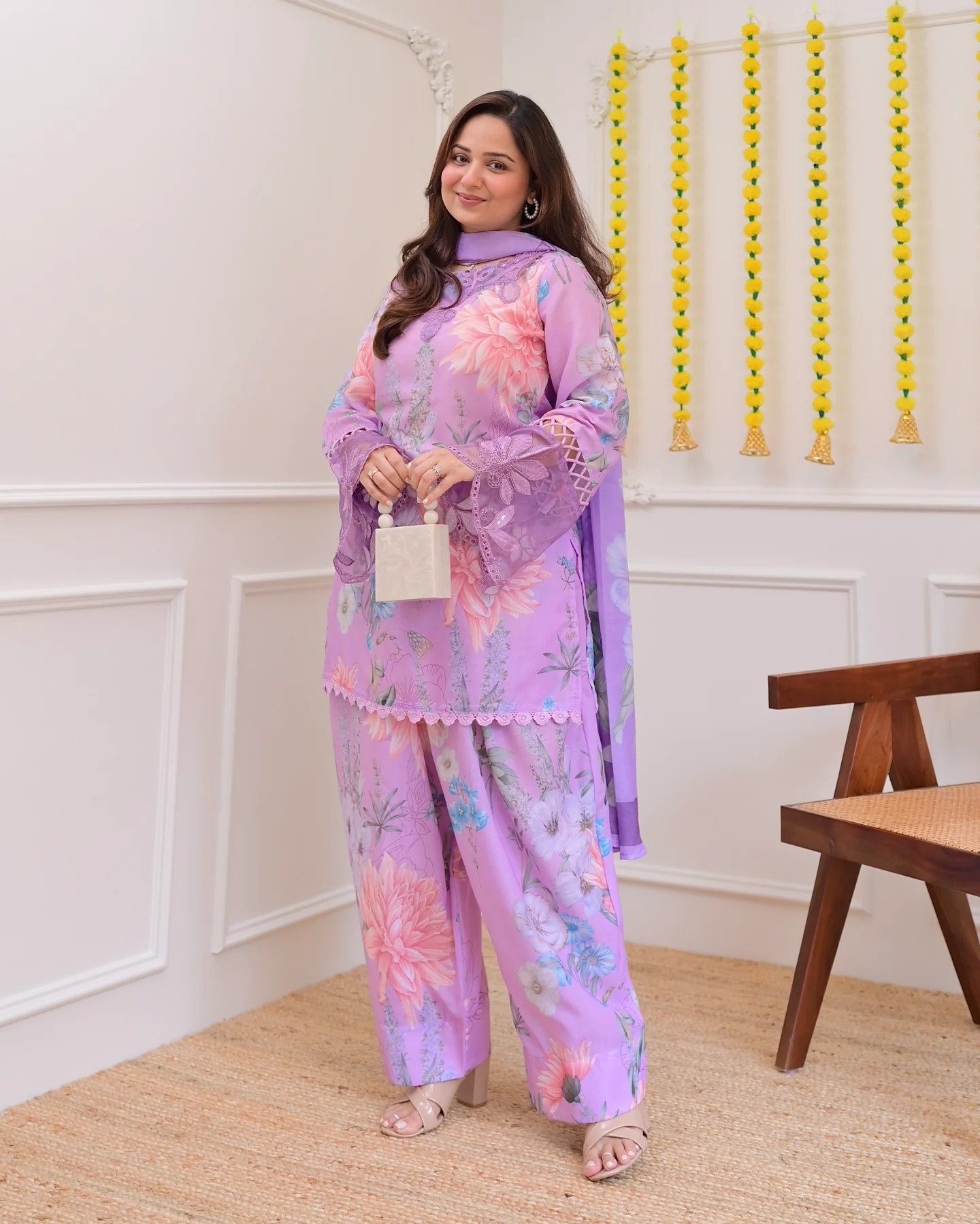 Lavender Designer Embroidery Georgette Palazzo Suit