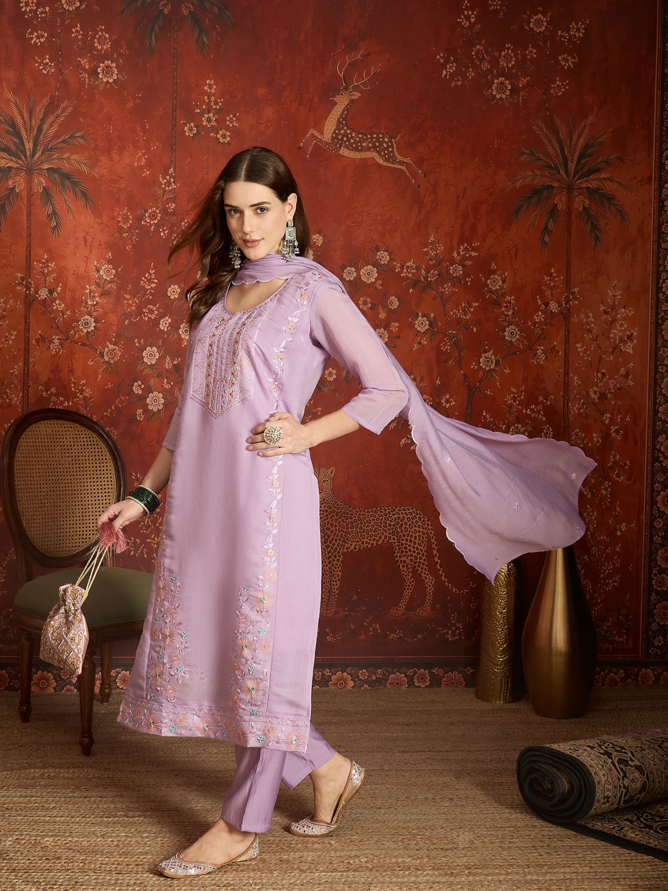 Lavender Designer Embroidery Mul Chanderi Straight Suit