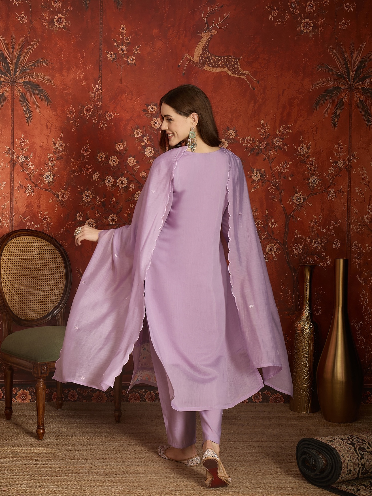 Lavender Designer Embroidery Mul Chanderi Straight Suit — alternate view