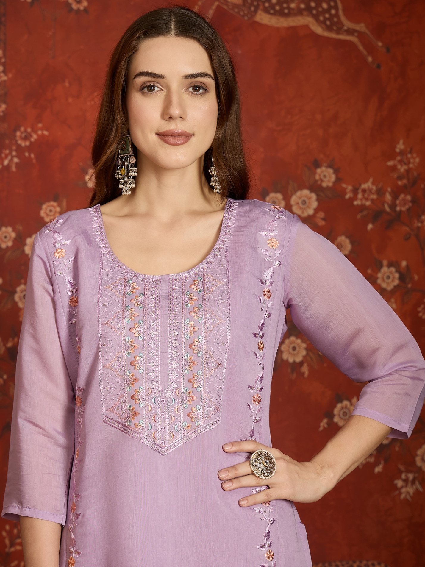 Lavender Designer Embroidery Mul Chanderi Straight Suit