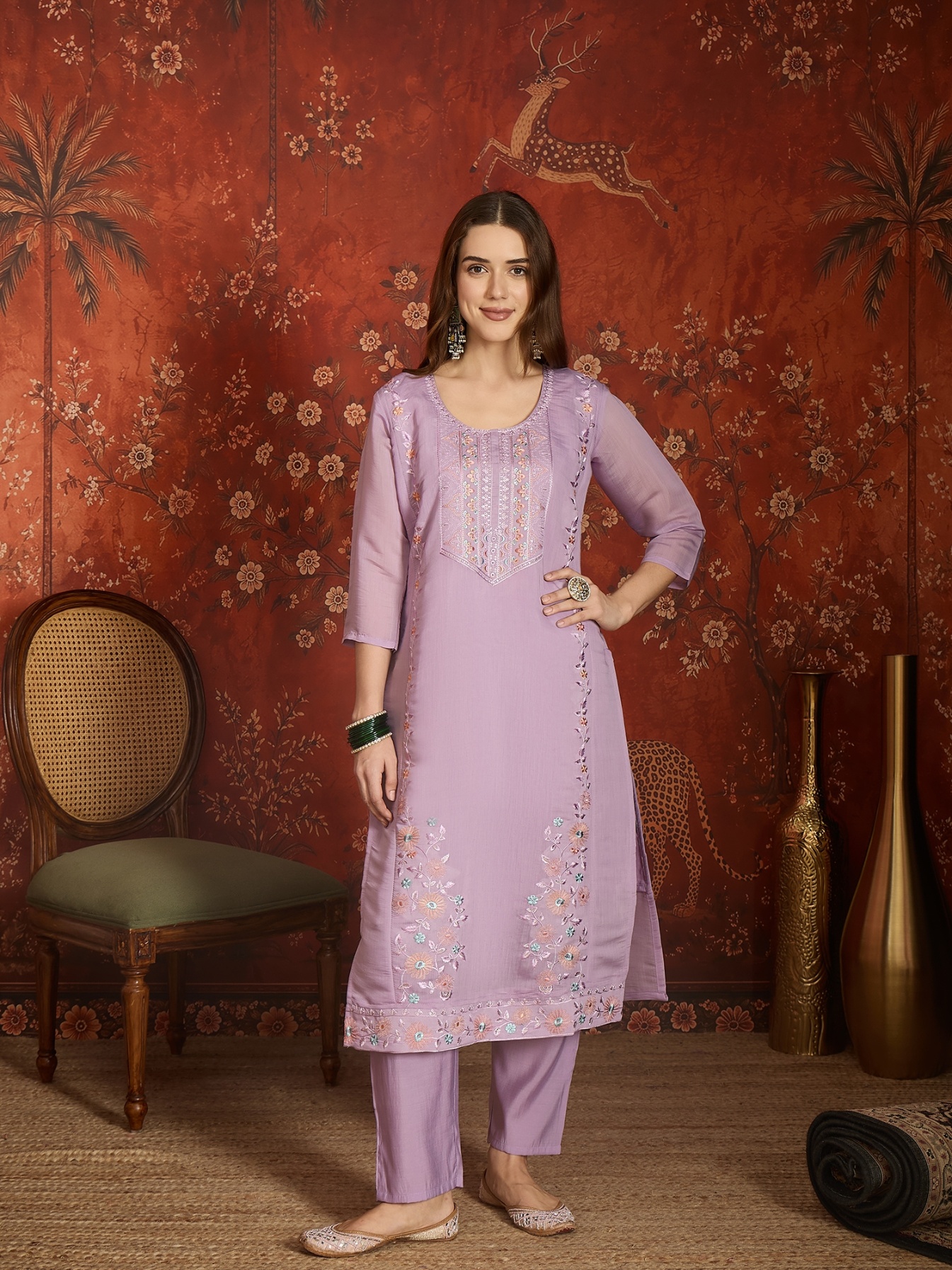 Lavender Designer Embroidery Mul Chanderi Straight Suit