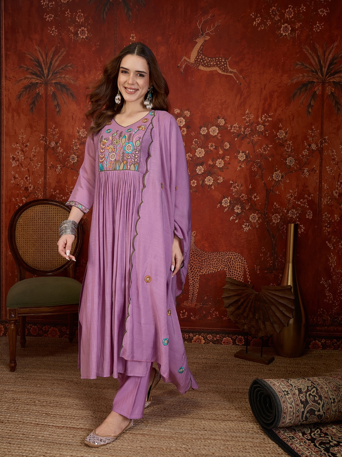 Lavender Designer Embroidery Mul Cotton Anarkali Suit