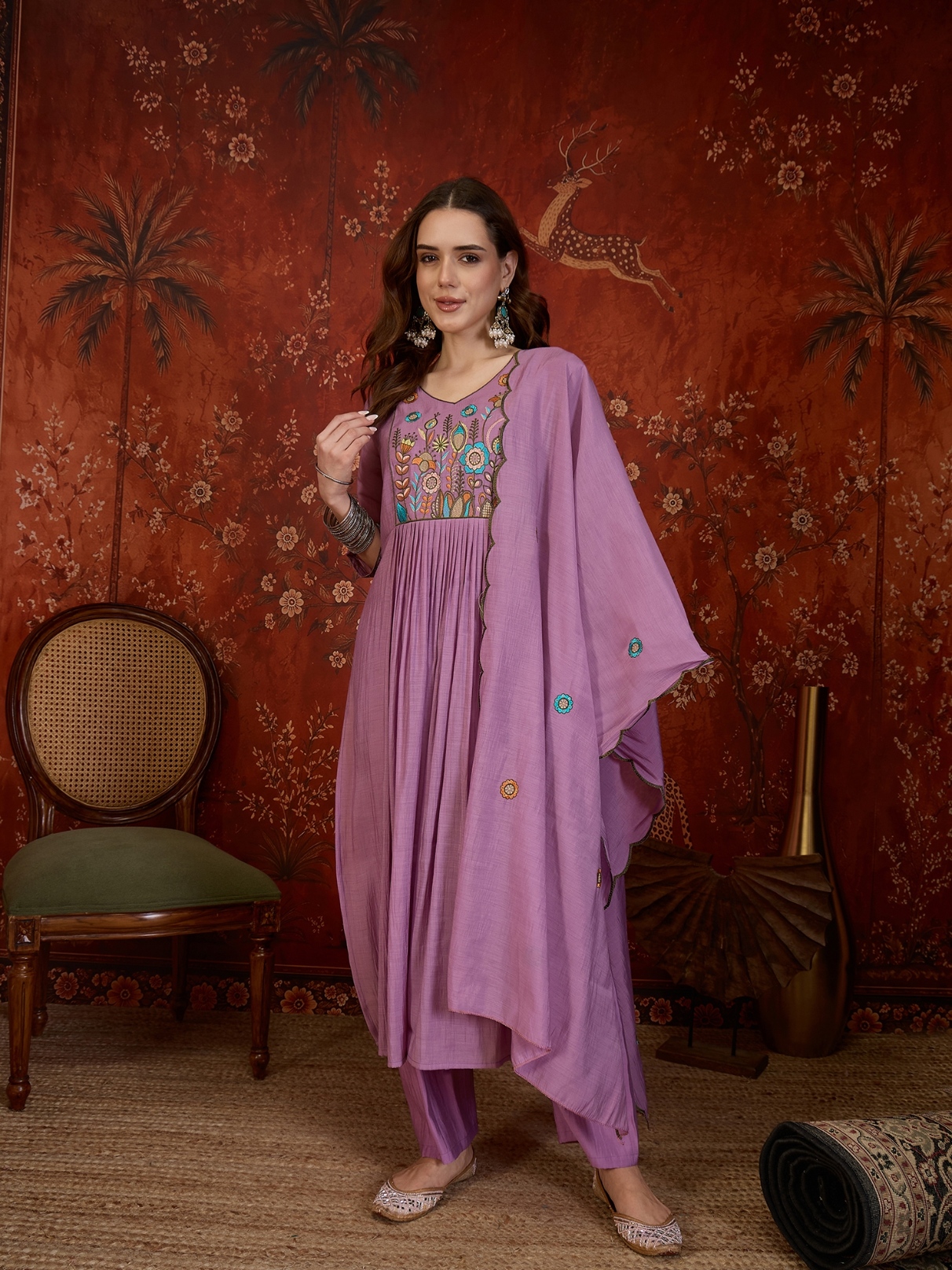 Lavender Designer Embroidery Mul Cotton Anarkali Suit