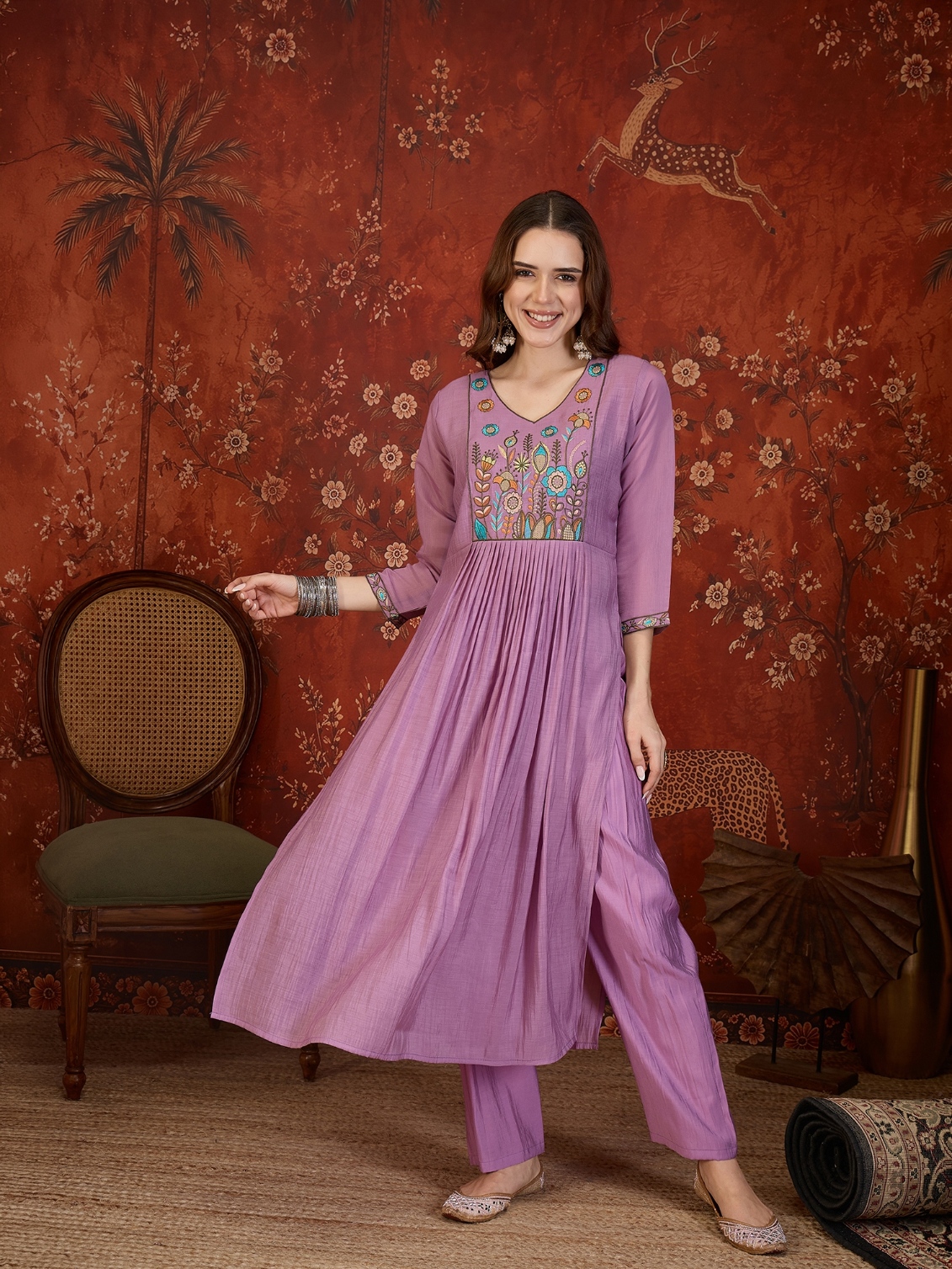 Lavender Designer Embroidery Mul Cotton Anarkali Suit