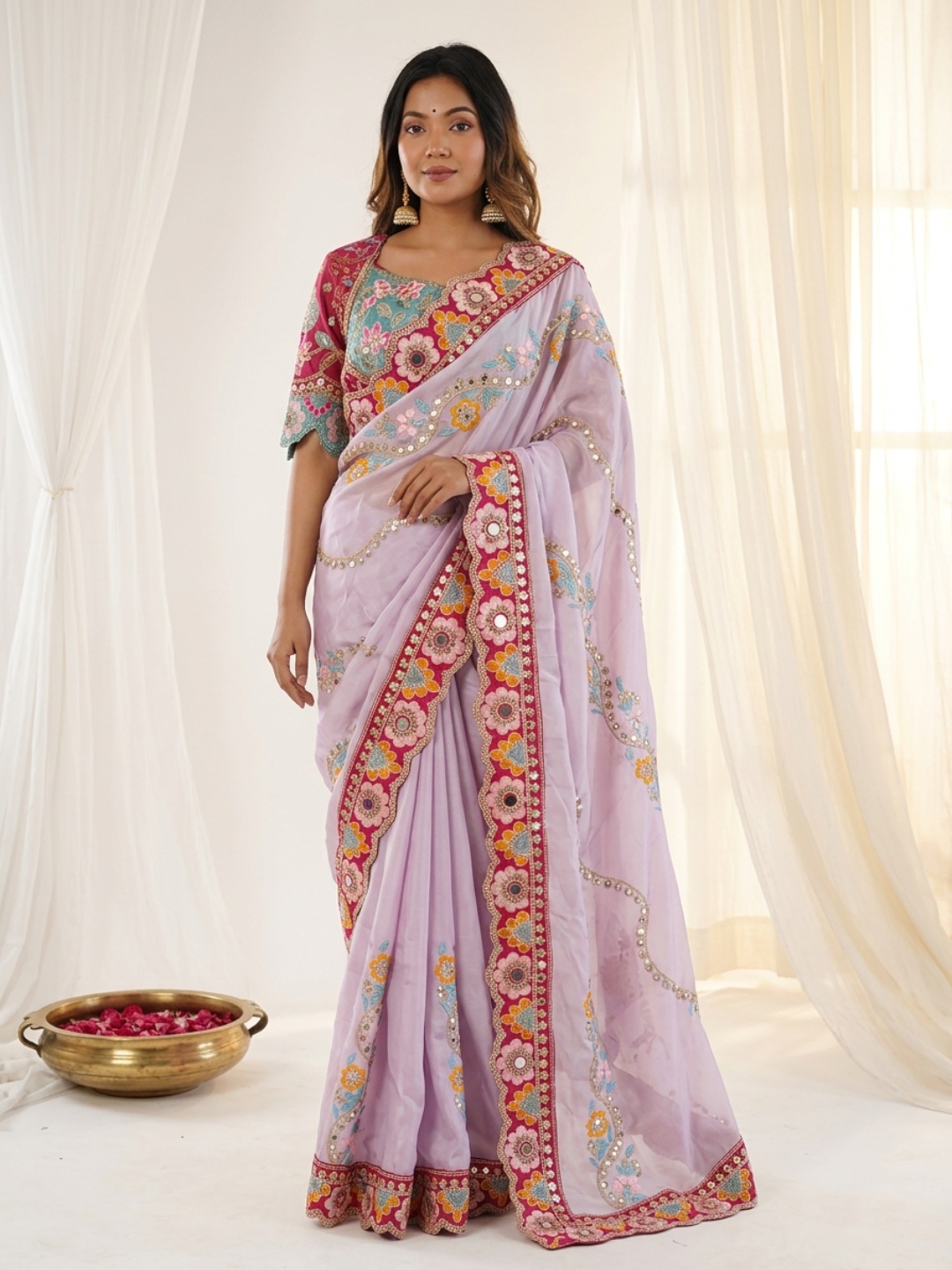 Lavender Designer Embroidery Rangoli Silk Saree