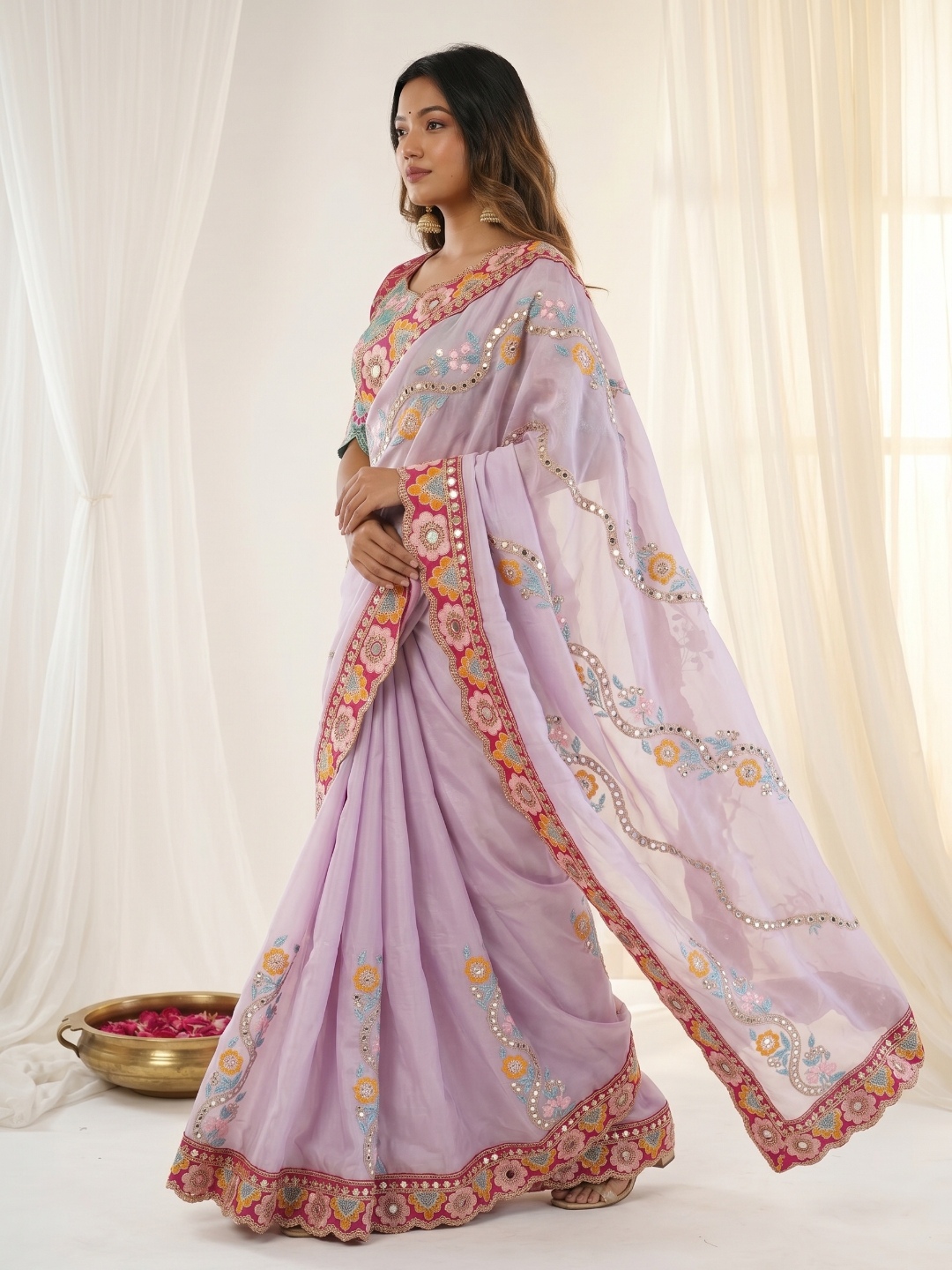 Lavender Designer Embroidery Rangoli Silk Saree — alternate view