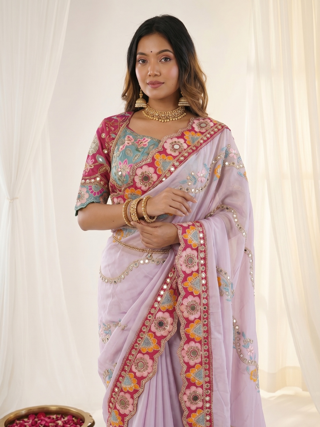 Lavender Designer Embroidery Rangoli Silk Saree