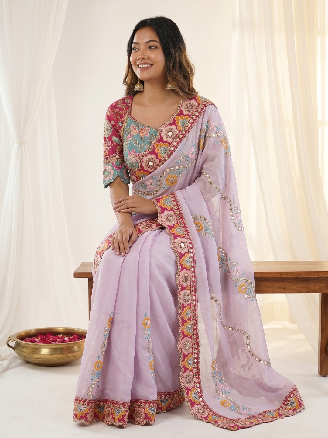 Lavender Designer Embroidery Rangoli Silk Saree