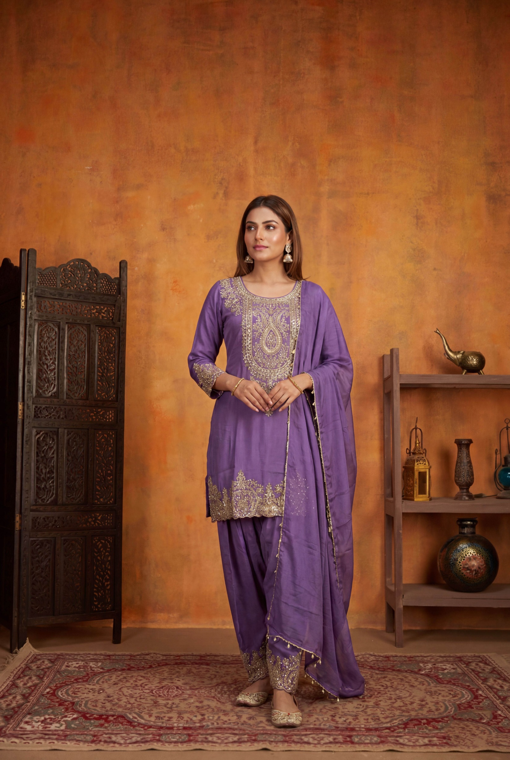 Lavender Designer Embroidery Shimmer Tissue Palazzo Suit