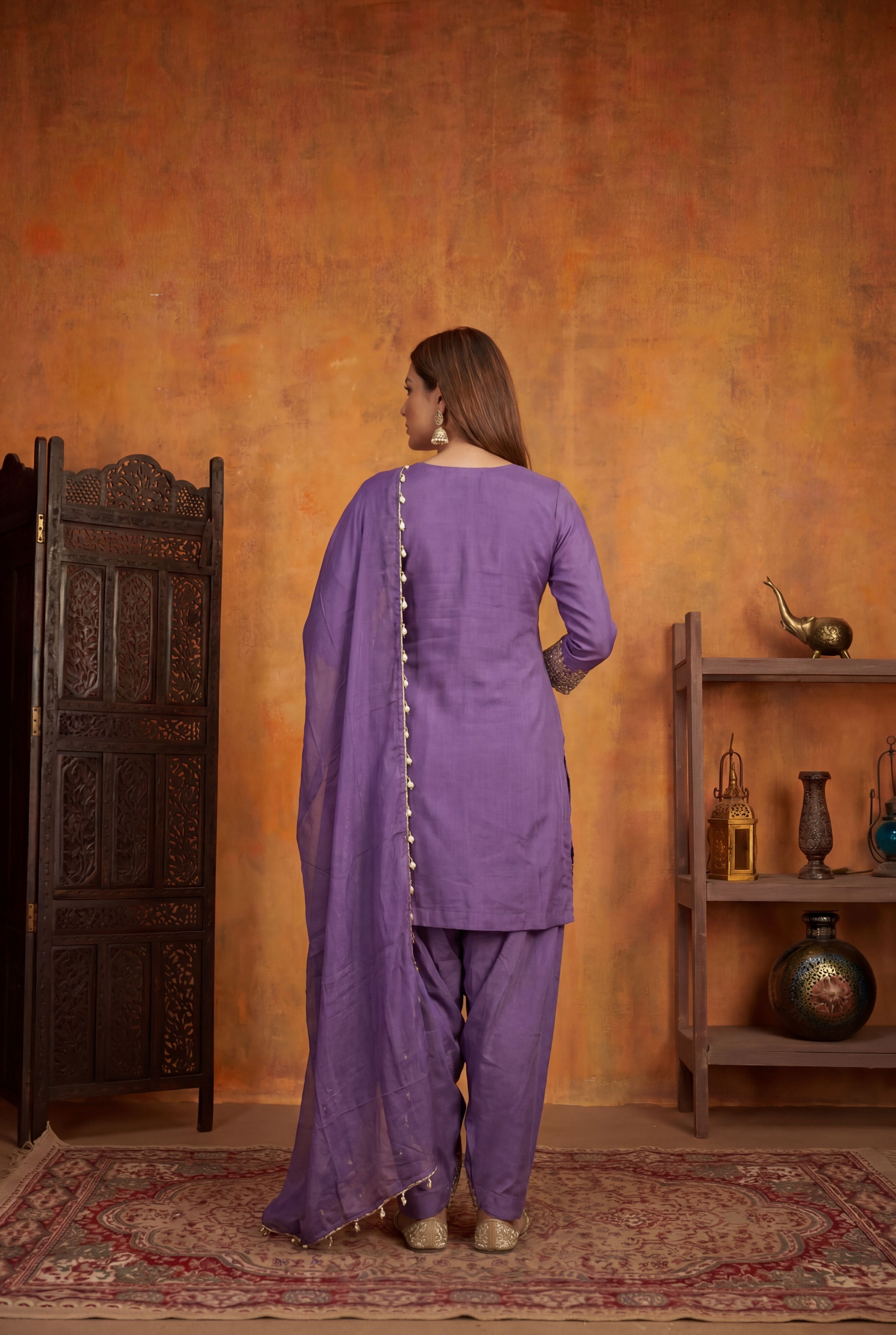Lavender Designer Embroidery Shimmer Tissue Palazzo Suit — alternate view